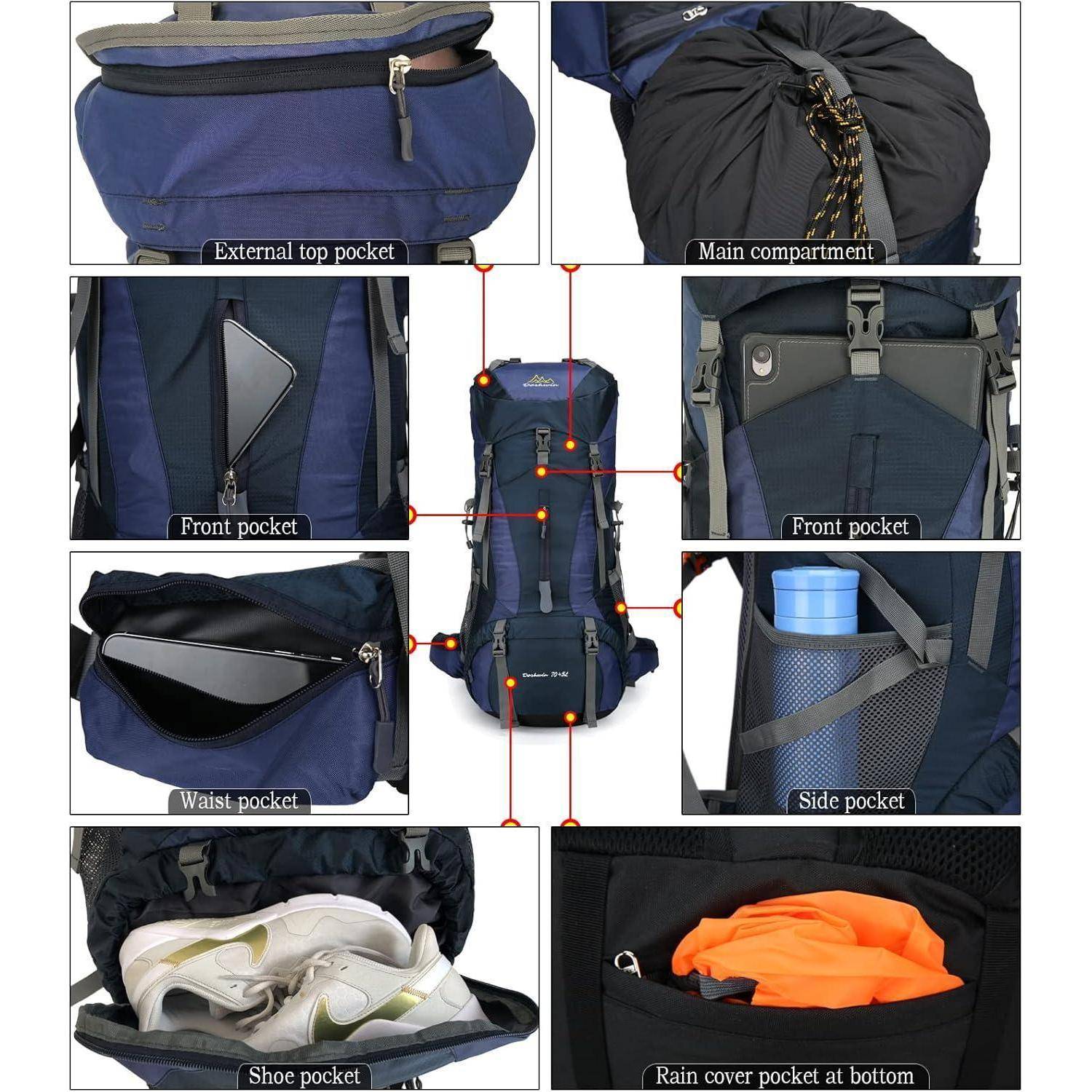 Rucksack mit mehreren Funktionen: externe Tasche oben, Hauptfach, Vorder- und Seitentaschen, Hüfttasche, Schuhfach, Regenschutz.