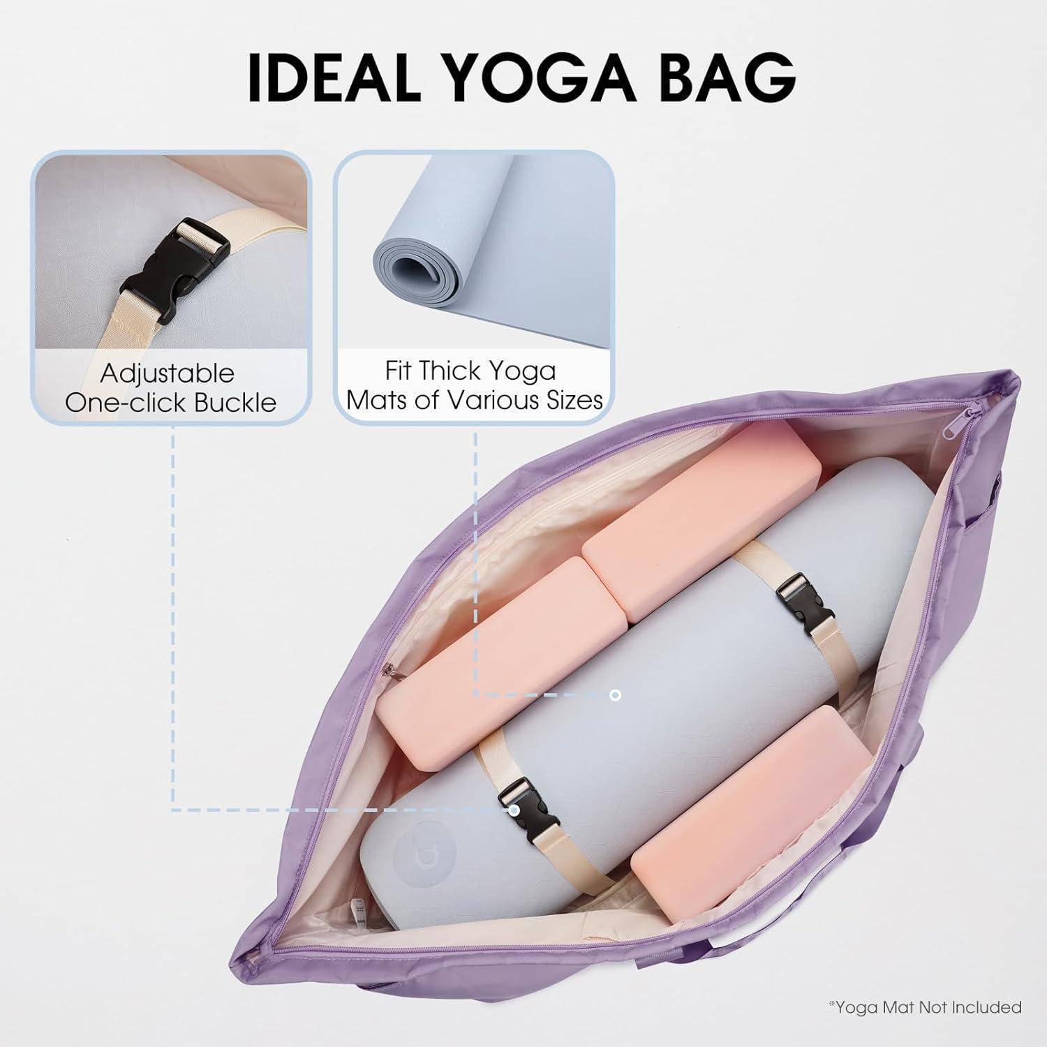 Offene Yogatasche mit verstellbarer Schnalle, passt verschiedene Mattengrößen. Text: 'IDEALE YOGATASCHE'. Hinweis: 'Yogamatte nicht im Lieferumfang enthalten'.
