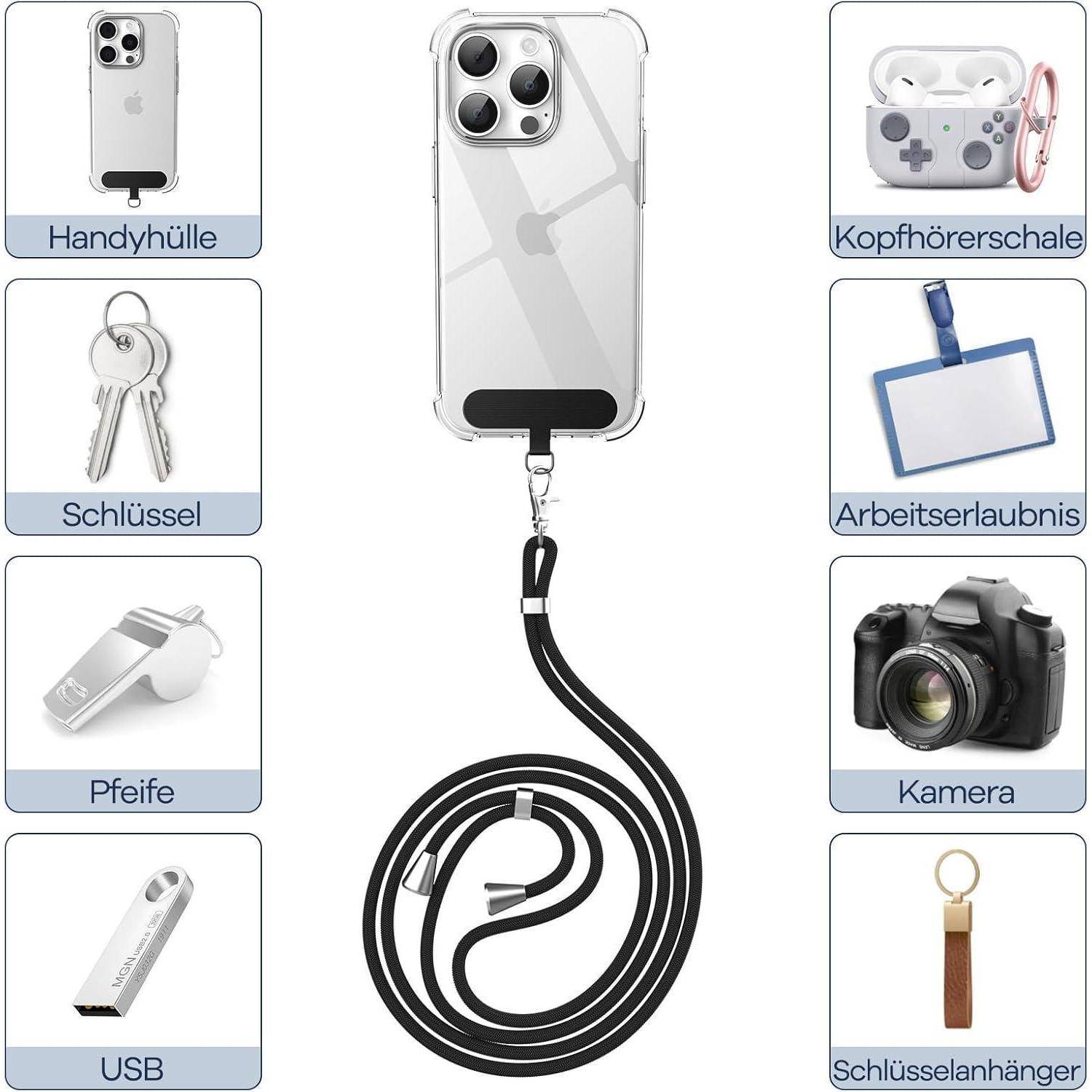 Eine Handyhülle mit Umhängeband steht im Zentrum. Umgeben von Bildern mit Beschriftungen: 'Handyhülle', 'Kopfhörerschale', 'Schlüssel', 'Arbeitserlaubnis', 'Pfeife', 'Kamera', 'USB', 'Schlüsselanhänger'.