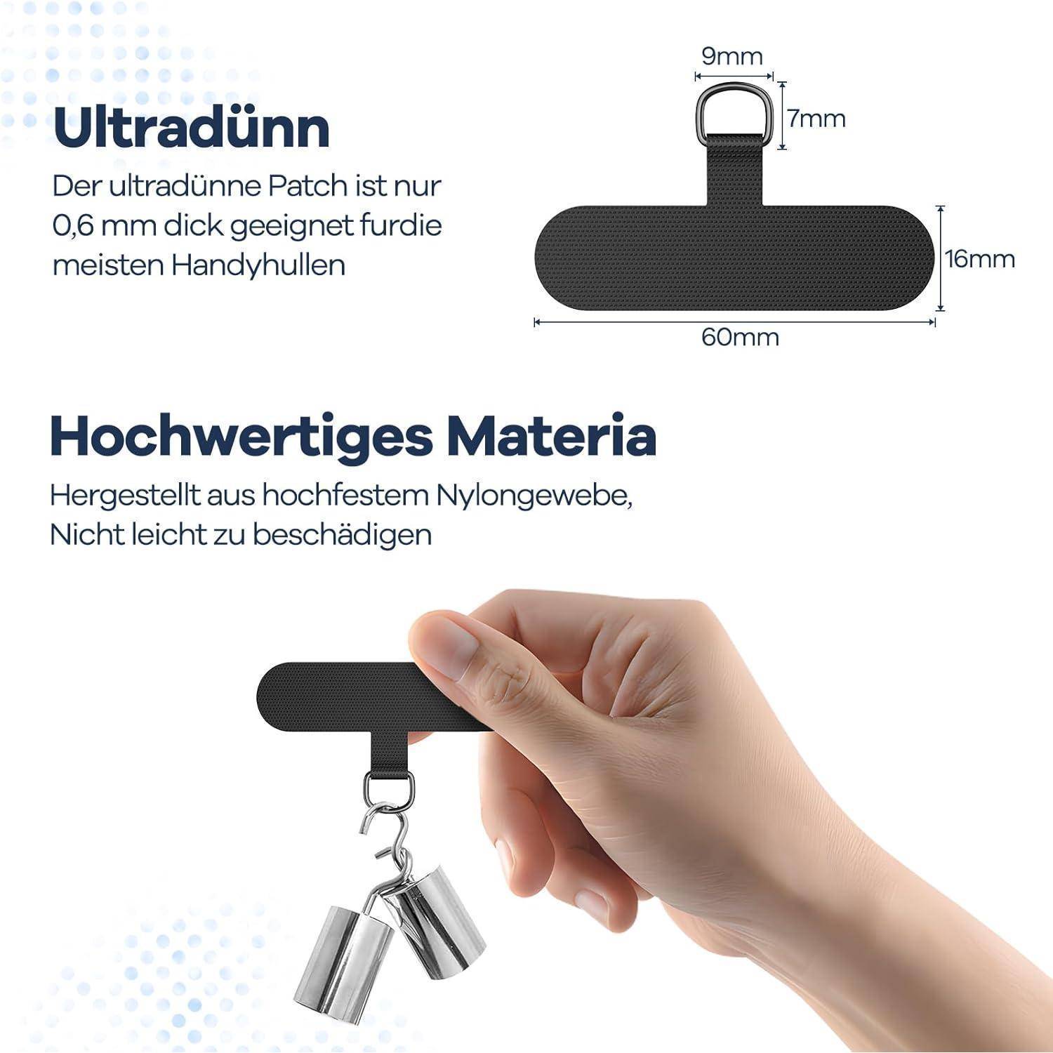 Ein schwarzer Telefonpatch, 60 mm x 16 mm, geeignet für die meisten Fälle. Aus strapazierfähigem Nylon hergestellt, gezeigt beim Tragen von Gewichten, Text auf Deutsch.