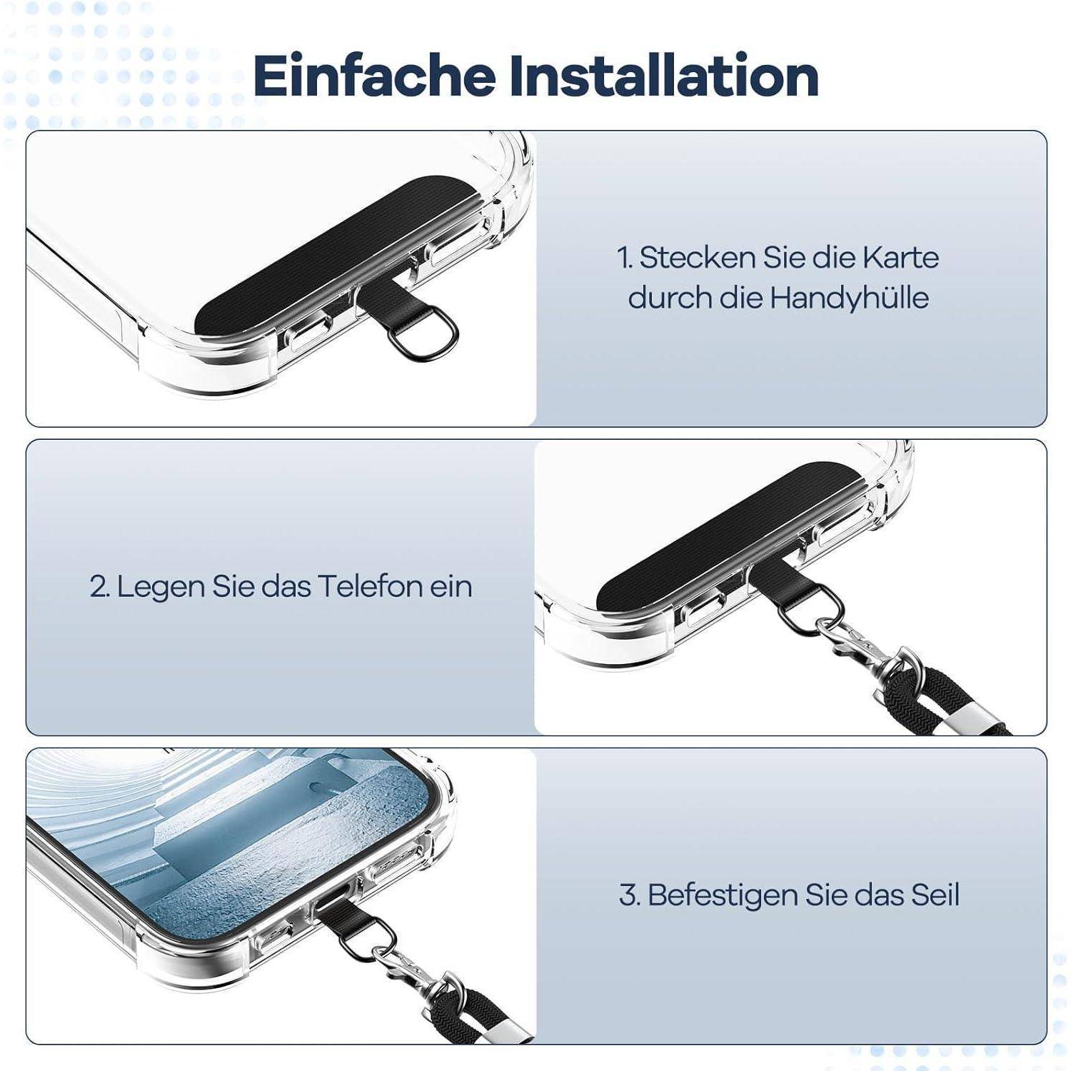 Eine einfache Installation': Bilder zeigen, wie eine Karte in eine Handyhülle gesteckt wird, das Telefon eingesetzt und das Seil befestigt wird.