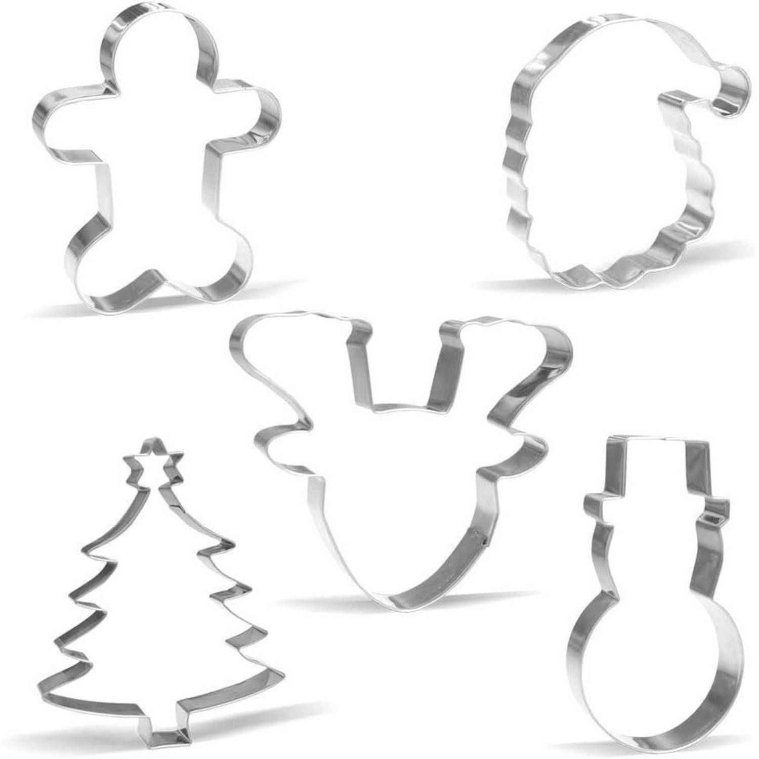 Fünf Metall-Ausstechformen in Form einer Lebkuchenmännchen, eines Weihnachtsmanns-Kopfes, eines Baumes, eines Rentiers und eines Schneemännchenssind auf einem weißen Hintergrund angeordnet.