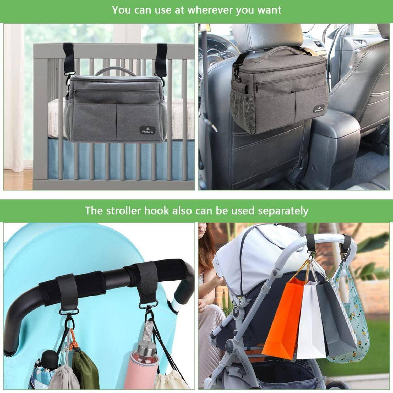 Tragbare Windeltasche, die an einem Kinderbett, Autositz und Griffstange eines Kinderwagens befestigt gezeigt wird; enthält Abbildungen von Haken, die Taschen und Zubehör halten.