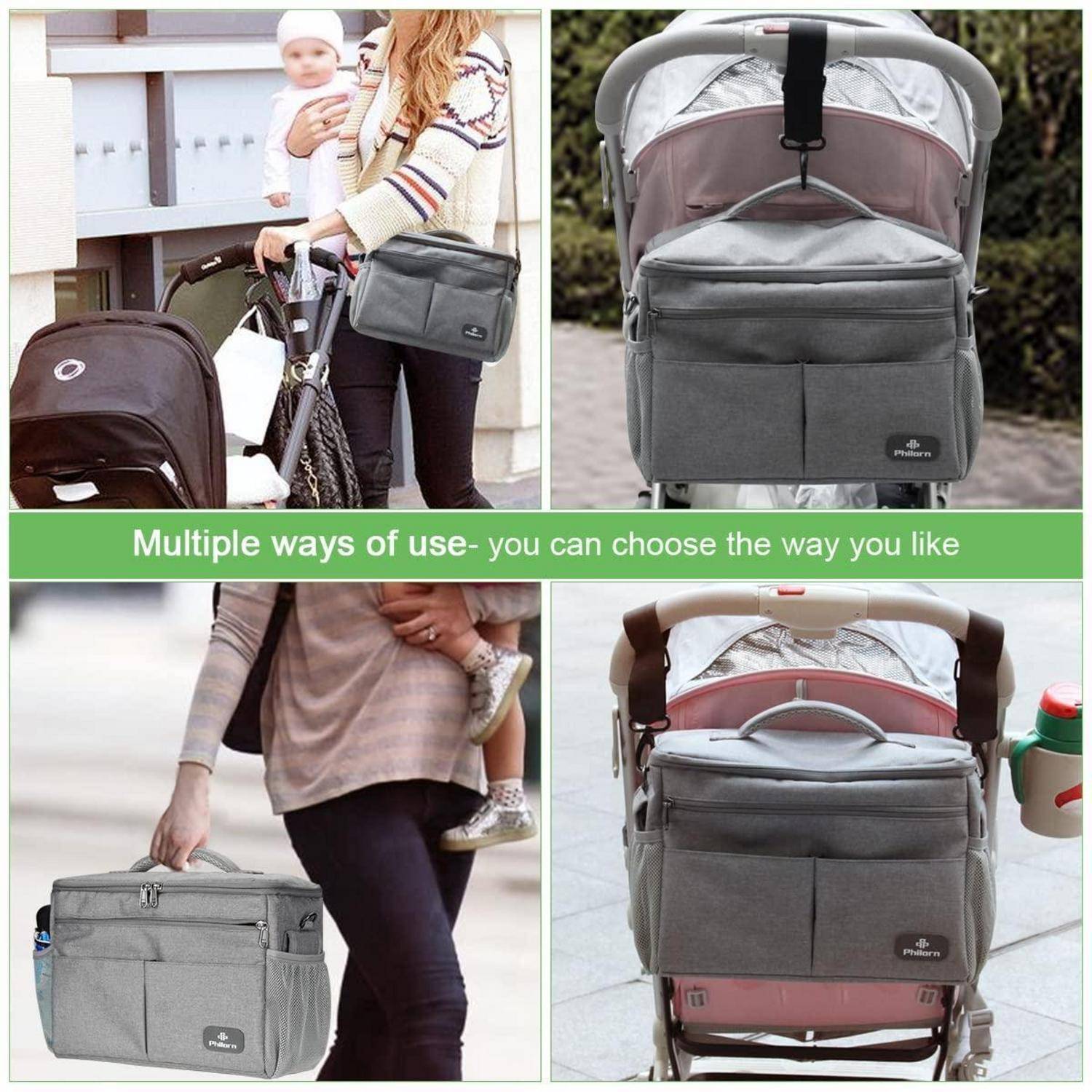 Eine Frau mit einem Kind trägt eine graue Windeltasche, die mit mehreren Möglichkeiten zur Befestigung an einem Kinderwagen gezeigt wird.