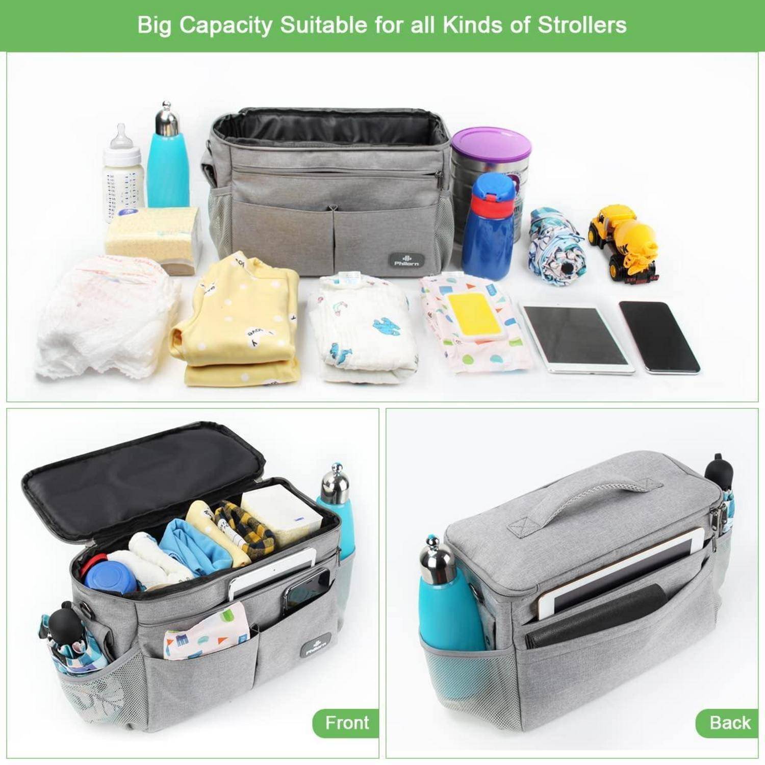 Kinderwagen-Organizer mit Vorder- und Rückansicht; enthält Taschen zum Aufbewahren von Flaschen, Kleidung, Feuchttüchern, einem Tablet und Spielzeug.