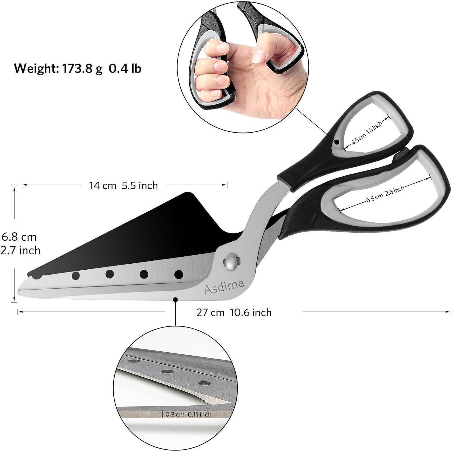 Schere mit Tortenservierklinge, Abmessungen: 14 cm Klinge, 6,8 cm breit, 27 cm Gesamtlänge. Gewicht: 173,8 g. Nahaufnahme des Griffdesigns.
