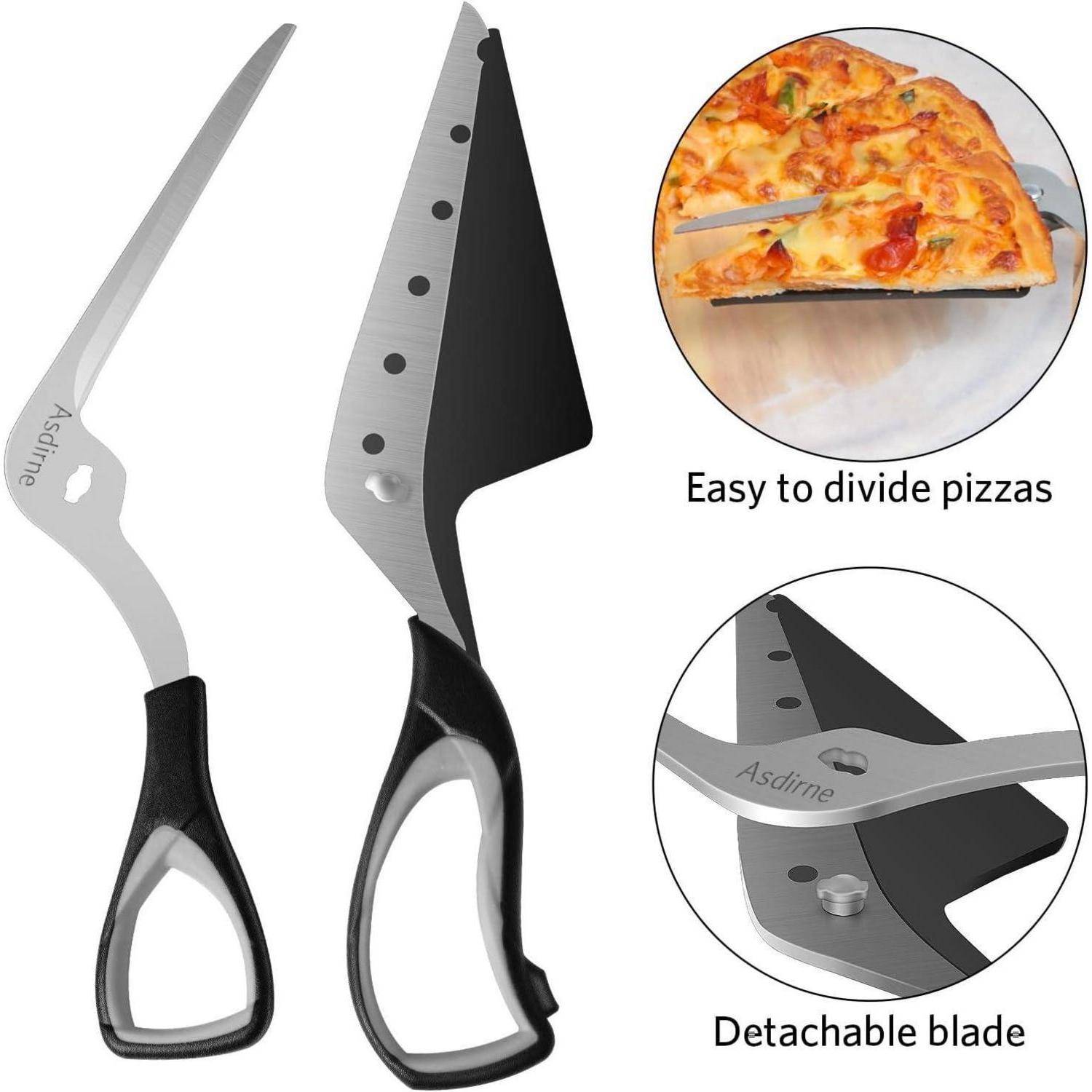 Pizzaschere mit abnehmbaren Klingen zum einfachen Schneiden. Das Bild oben rechts zeigt das Schneiden einer Pizza; das Bild unten rechts zeigt das Abnehmen der Klinge.