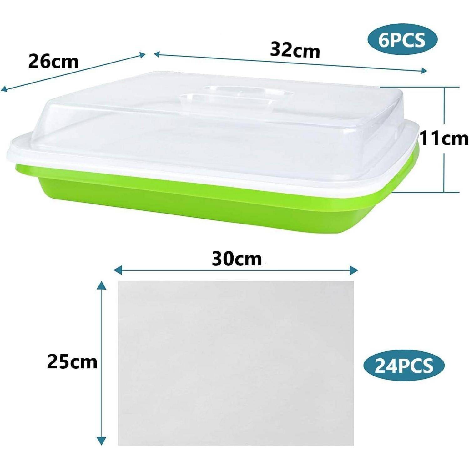 Grüne rechteckige Kuchenlagerbox mit transparentem Deckel; Abmessungen 32 x 26 x 11 cm; ein Karton, sechs Stück pro Set, 30 x 25 cm Tablett mit 24 Stück.