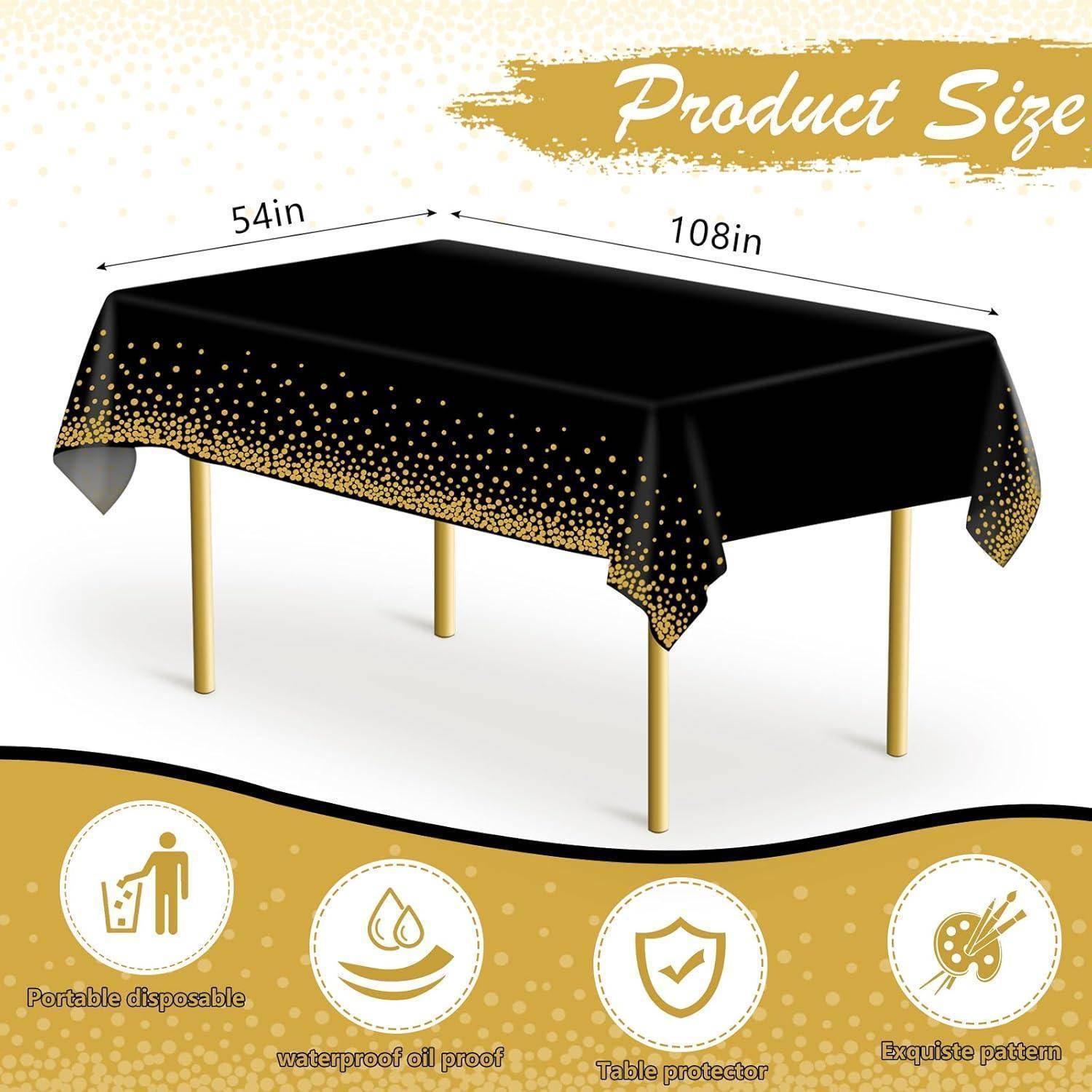 Schwarze Tischdecke mit goldfarbenen Punkten im Design auf einem Tisch. Abmessungen: 54 Zoll x 108 Zoll. Eigenschaften: tragbar, einwegbar, wasserdicht, dekoratives Muster.