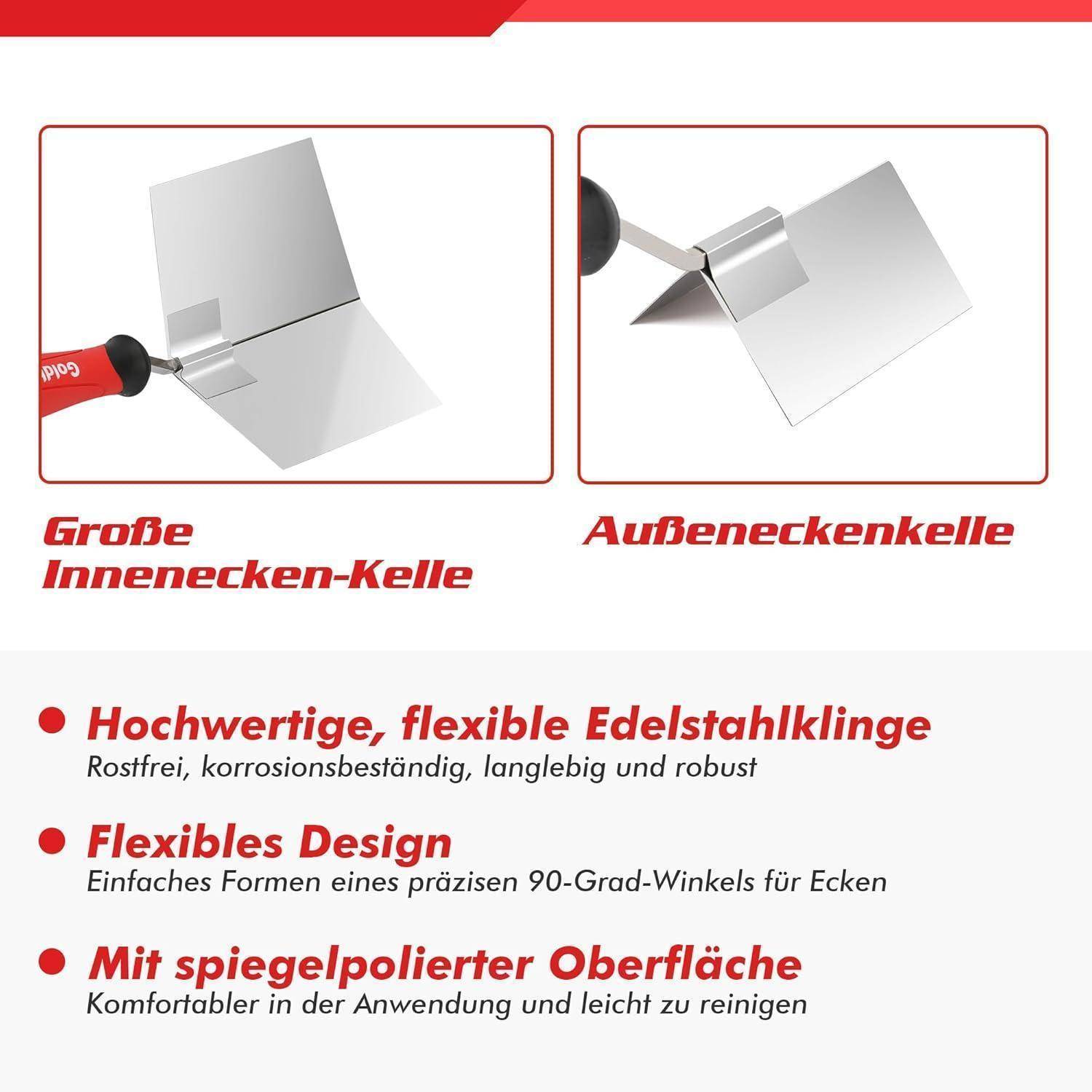 Zwei silberne Kellen werden präsentiert. Eine ist mit 'Große Innenecken-Kelle' beschriftet und die andere mit 'Außeneckenkelle'. Deutscher Text unten hebt Merkmale hervor.