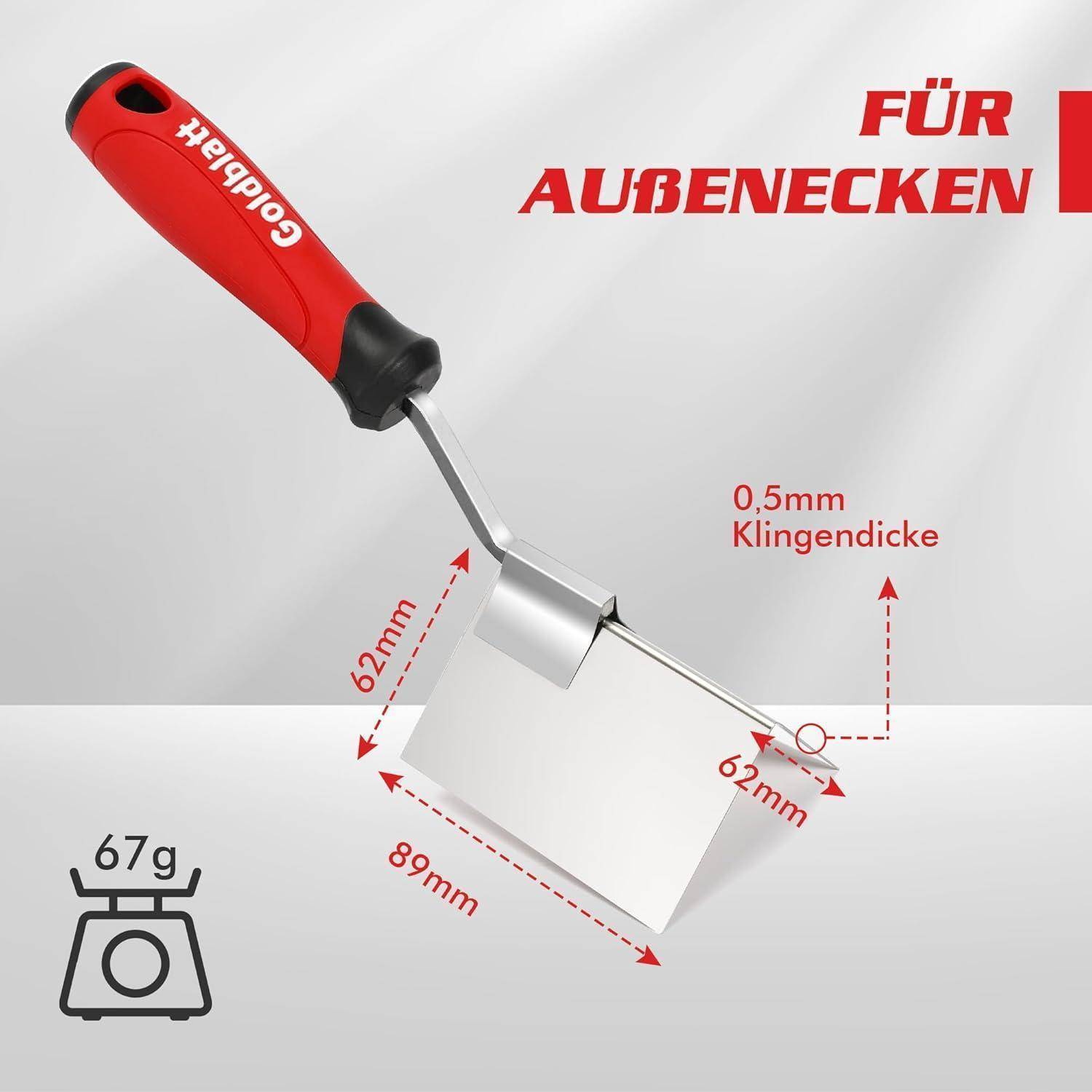 Ein Werkzeug mit rotem Griff, das zum Glätten von Außenecken entwickelt wurde, ist abgebildet mit seinen beschrifteten Abmessungen: 62 mm x 62 mm x 89 mm und einem Gewicht von 67 g.