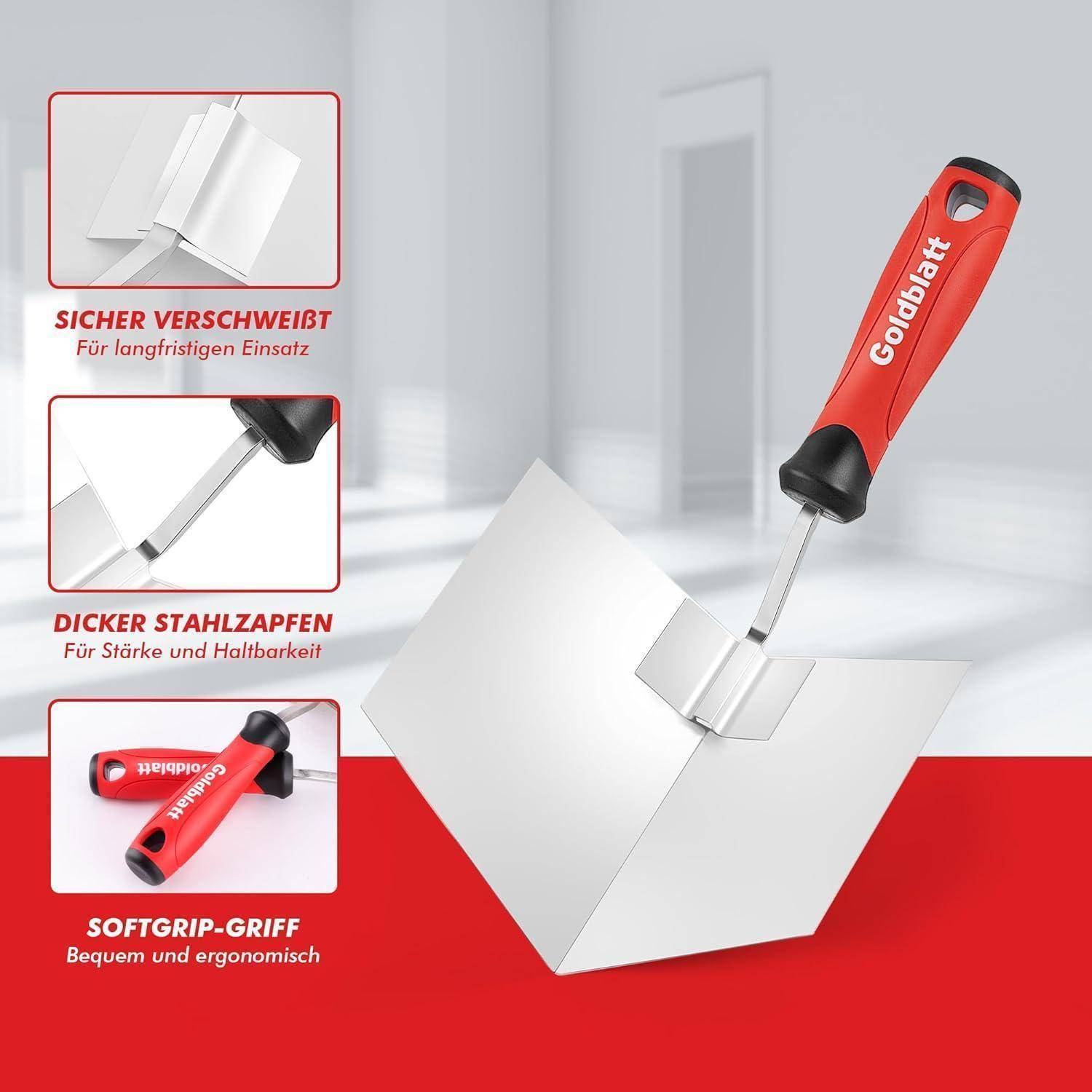 Ein rotgriffiger Eckspatel wird gezeigt mit Merkmalen wie einer verschweißten Verbindung, einem dicken Stahlschaft für Langlebigkeit und einem ergonomischen Soft-Griff.