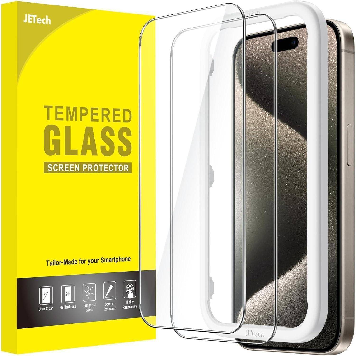 Displayschutzfolie in ihrer Verpackung neben einem Smartphone mit teilweise aufgeklebter transparenter Displayschutzfolie. Marke: JETech.