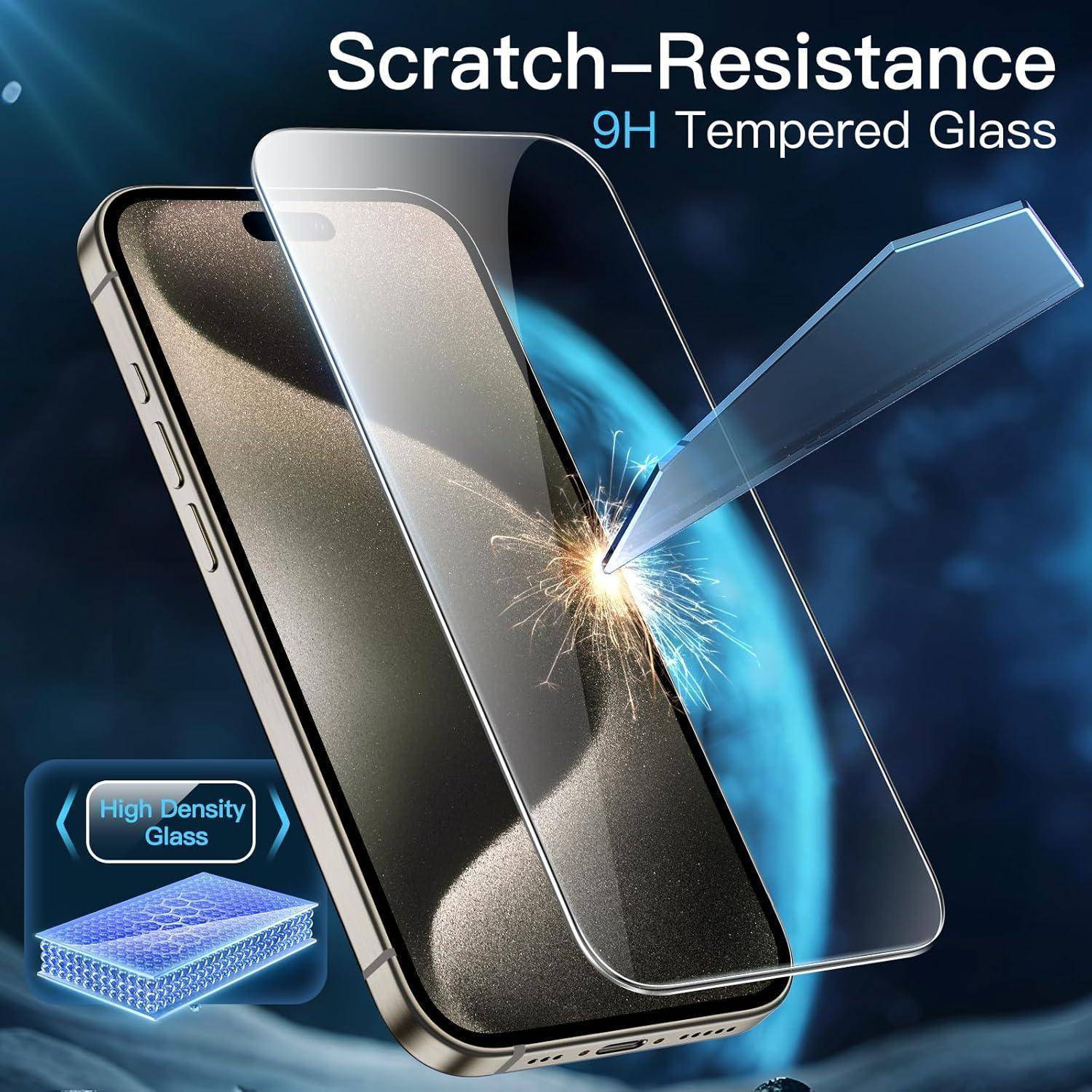 Ein Smartphone mit einem Displayschutz zeigt den Text 'Kratzfestigkeit' und '9H Hartglas'. Eine Grafik demonstriert die Stoßfestigkeit.