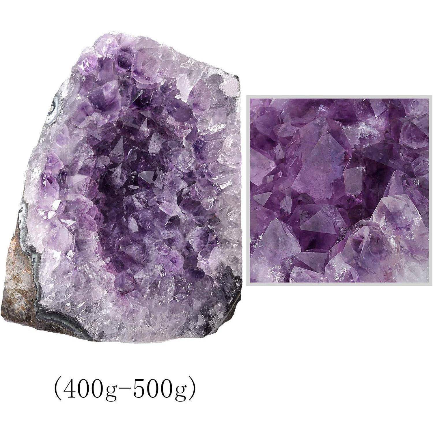 Amethyst-Geode-Kristall in zwei Ansichten: ein vollständiges Stück mit schimmernden violetten Kristallen und eine Detailaufnahme, die feine Strukturen hervorhebt.
