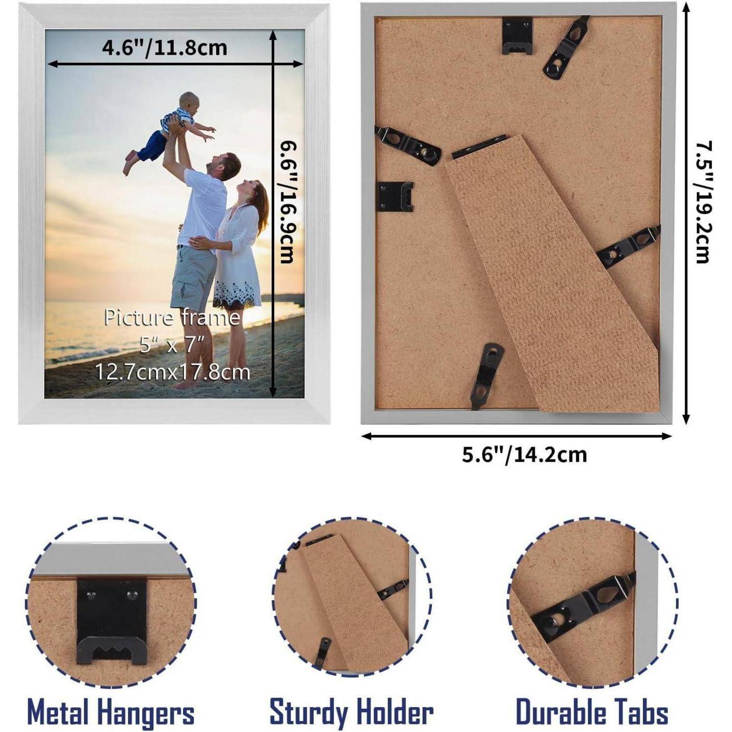 Bilderrahmen für ein 5x7 Zoll Foto mit Abmessungen von 4,6x6,6 Zoll. Ausgestattet mit Metallaufhängern, stabilem Halter und robusten Haltetaben.