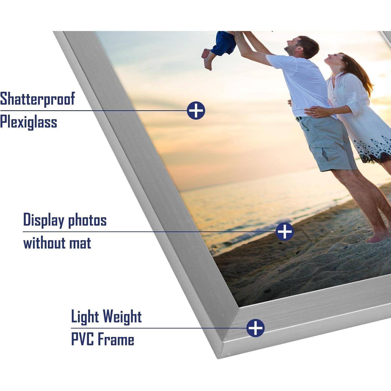 Bild eines Fotorahmens mit Beschriftungen: 'Splitterfreies Plexiglas', 'Fotos ohne Passepartout ausstellen' und 'PVC-Rahmen', das ein Paar am Meer zeigt.