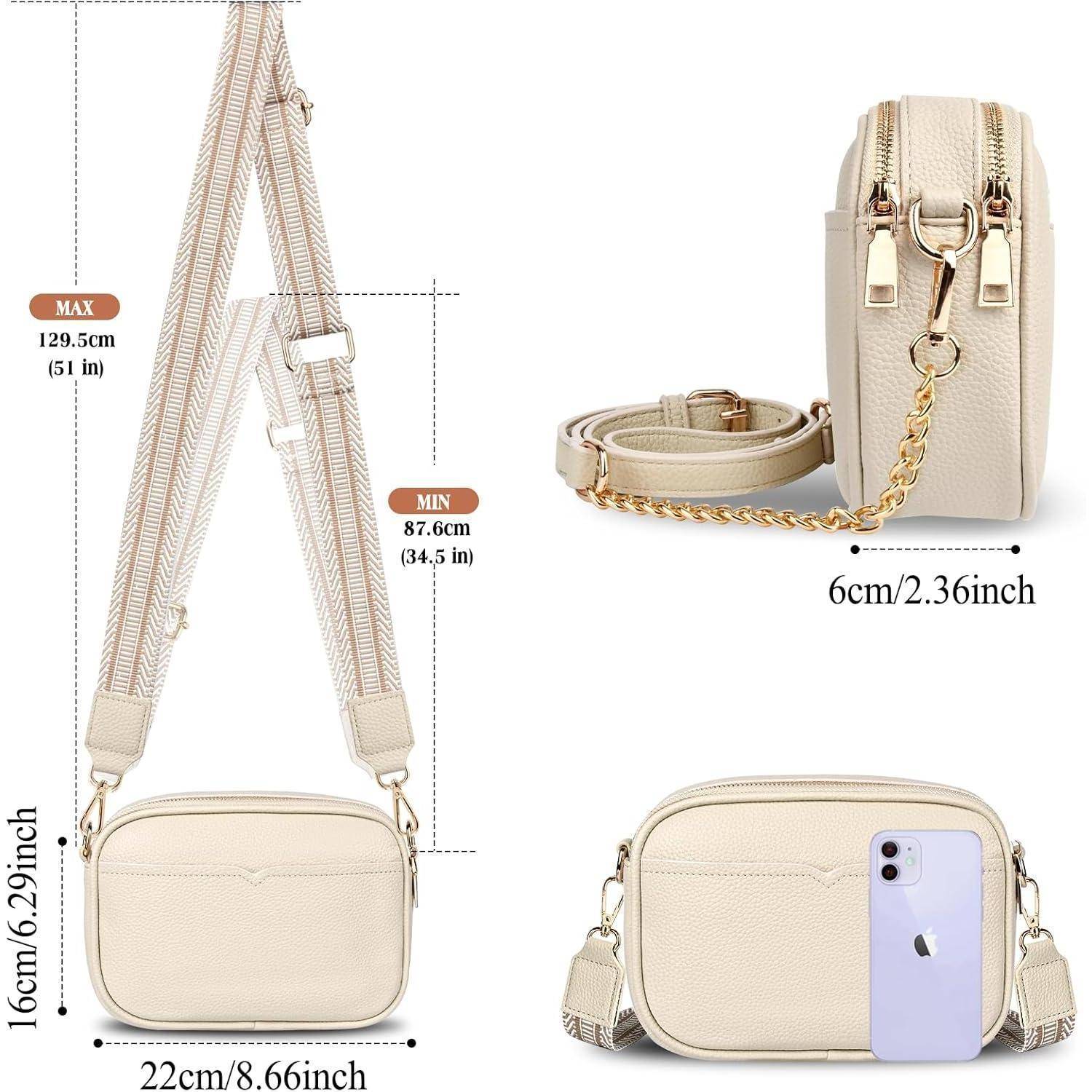 Eine beige Umhängetasche mit verstellbarem Riemen, Abmessungen 16 cm x 22 cm x 6 cm. Die Riemenlänge reicht von 87,6 cm bis 129,5 cm. Tasche wird mit Smartphone präsentiert.
