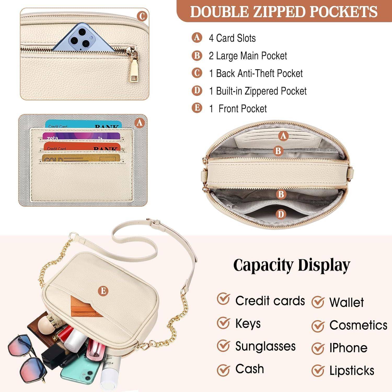 Handtasche mit doppelten Reißverschlusstaschen, Kartenfächern, Hauptfach, Diebstahlschutz-Innentasche und Vordertasche. Display zeigt Platz für das Wesentliche.