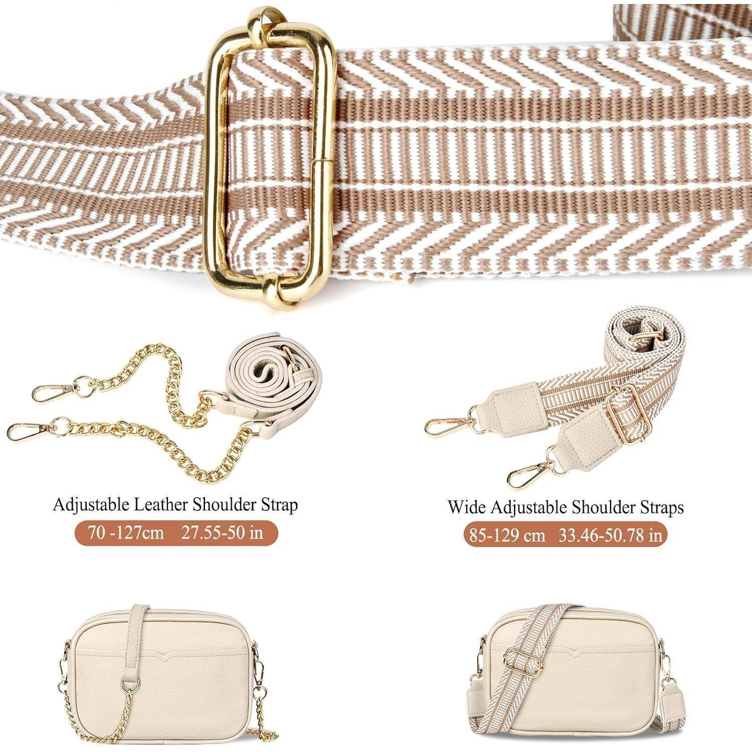 Verstellbarer Lederschultergurt (70-127 cm), breiter verstellbarer Schultergurt (85-129 cm), beide gezeigt mit beigen Handtaschen.