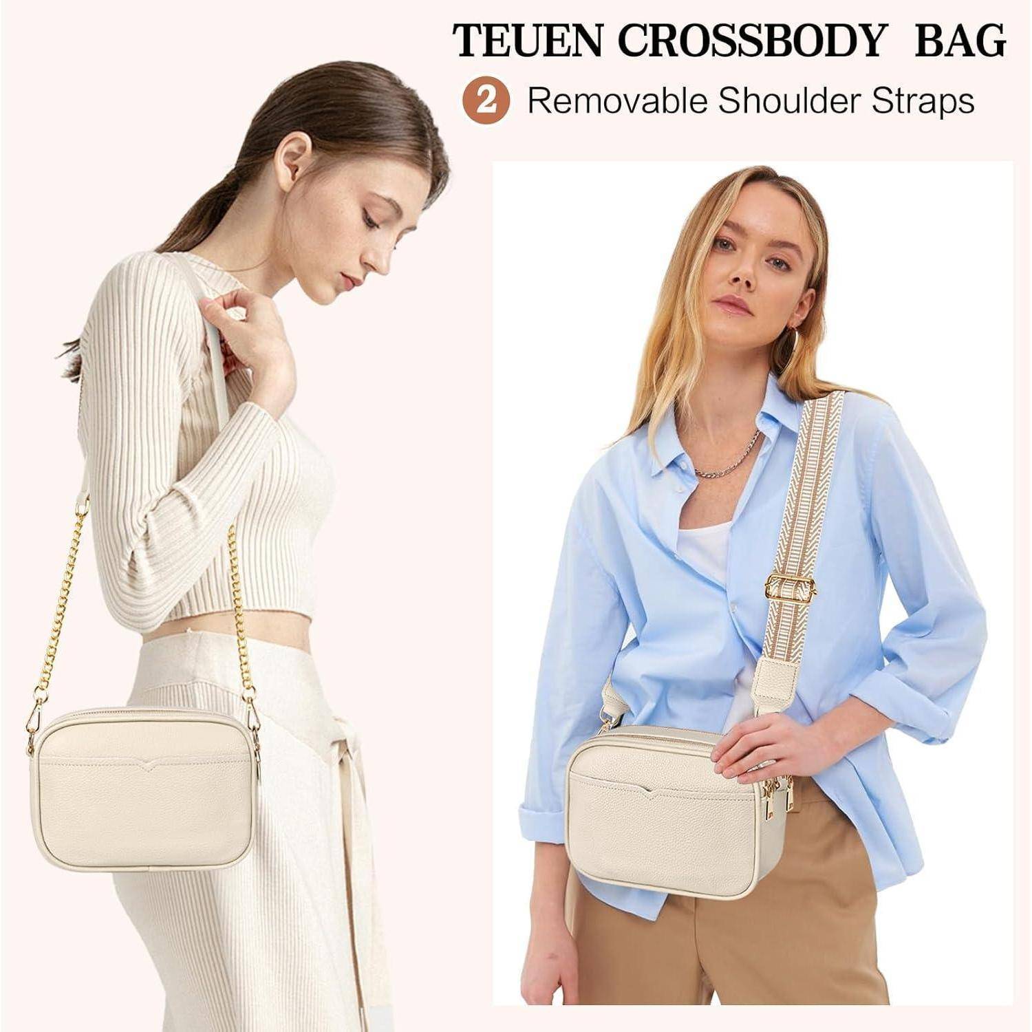 Zwei Frauen präsentieren eine beige Umhängetasche mit abnehmbaren Schultergurten vor einem rosafarbenen Hintergrund mit dem Text 'TEUEN CROSSBODY BAG'.