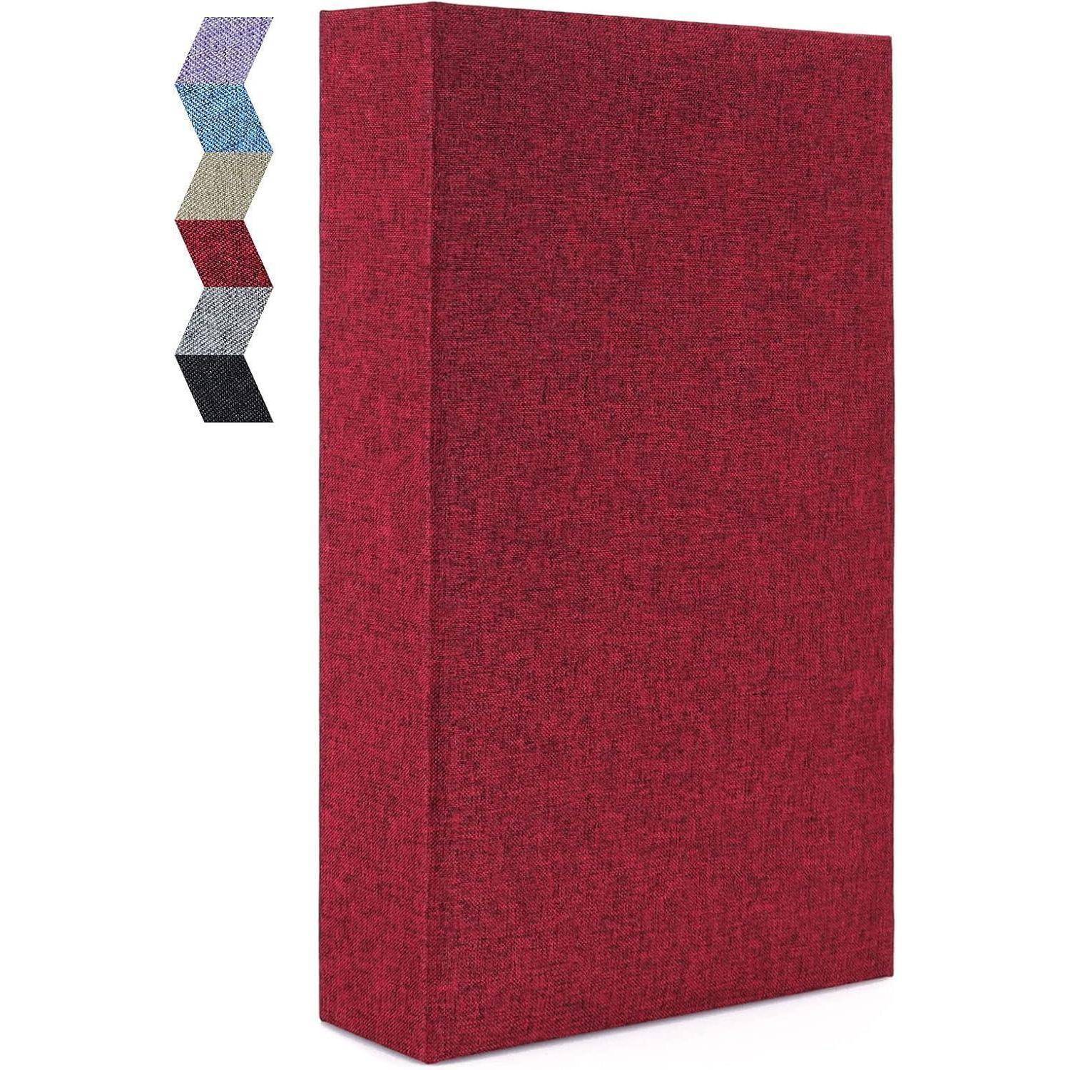 Rote Stoffbox in rechteckiger Form mit sechs Stofffarben-Mustern an der Seite.