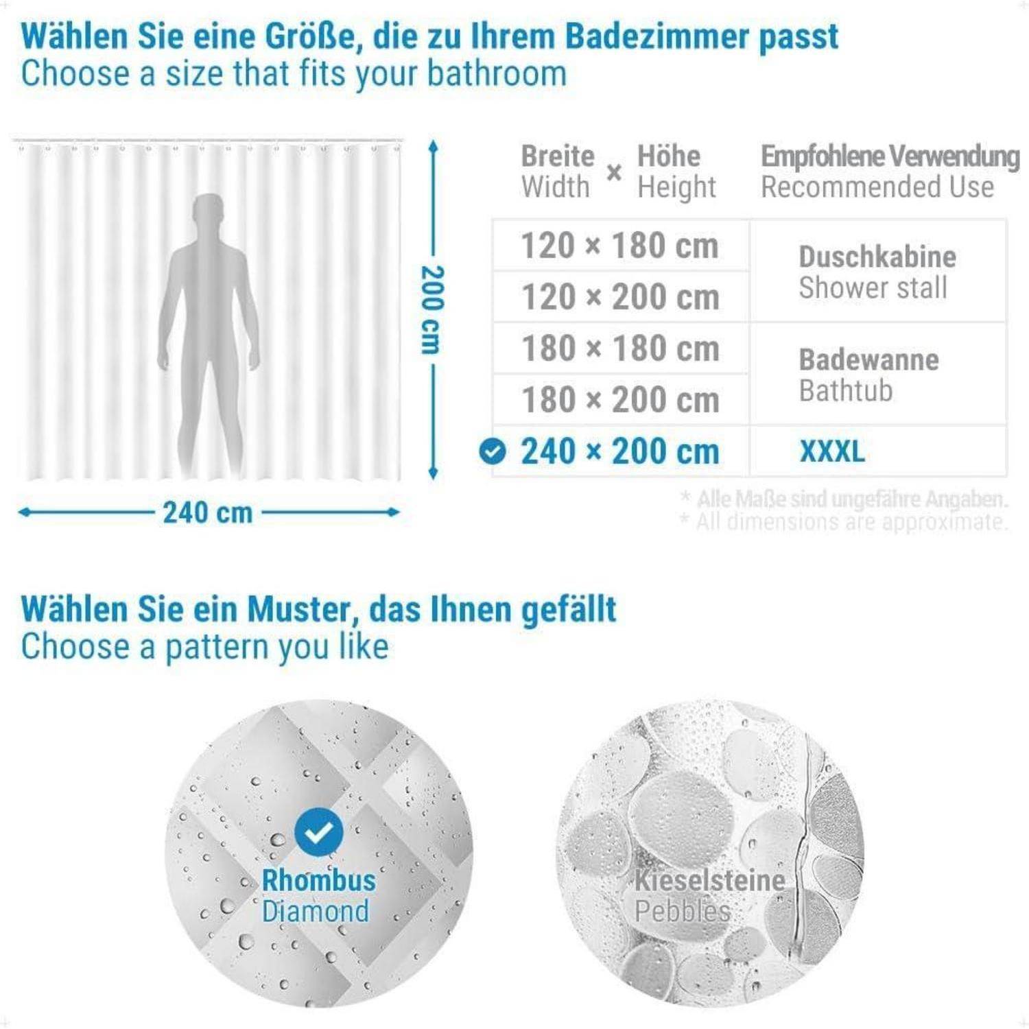 Ein Leitfaden zur Auswahl von Duschvorhanggröße und -muster. Größen: 120x180 cm bis 240x200 cm. Muster: 'Rhombus Diamant', 'Kieselsteine'.