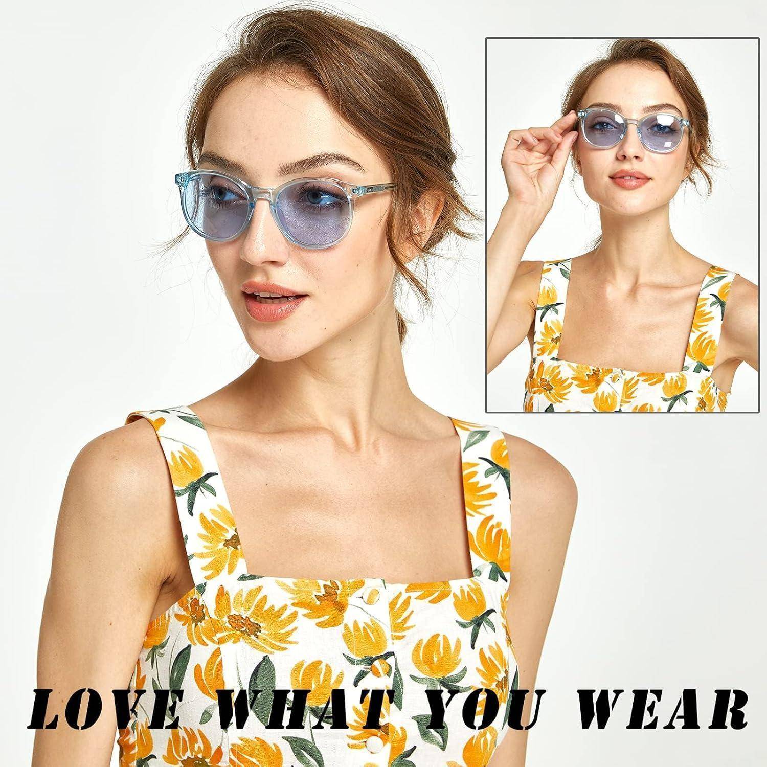 Eine Frau in einem gelben Blumenkleid und blauen Sonnenbrille lächelt. Eine Einblendung zeigt sie in einer ähnlichen Pose. Der Text lautet: „Liebe, was du trägst.
