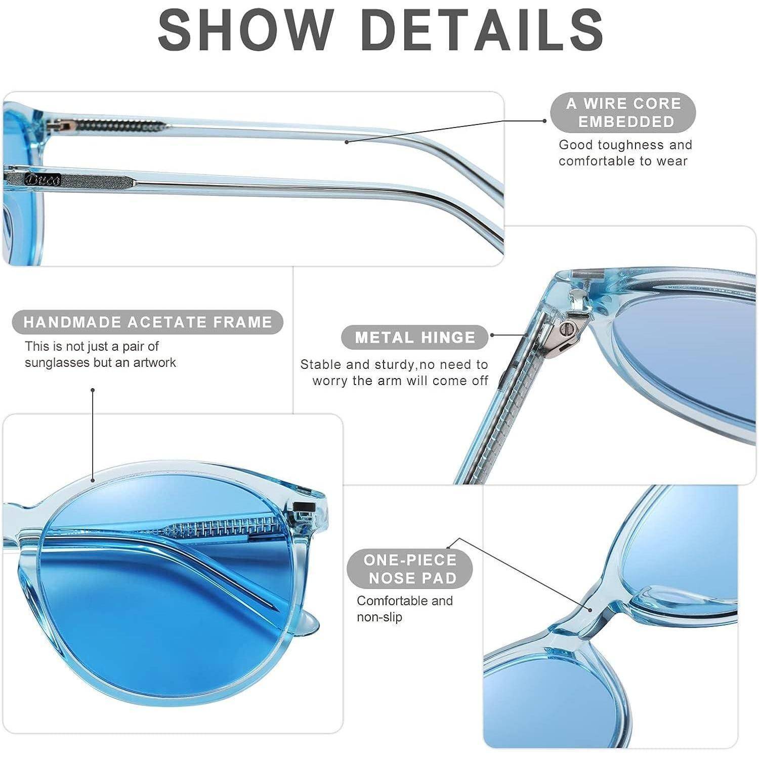 Details der Sonnenbrille: eingebetteter Drahtkern, handgefertigter Acetat-Rahmen, Metalldrehgelenk und einteiliger Nasensteg. Bietet Komfort und Langlebigkeit.