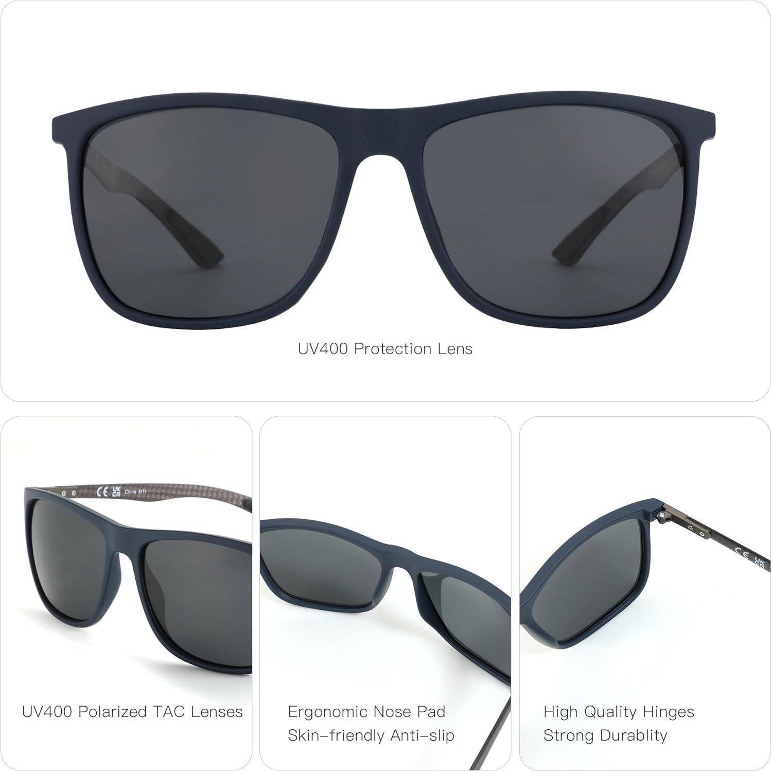 Sonnenbrille mit UV400 polarisierten TAC-Gläsern, ergonomischem Nasensteg und stabilen Scharnieren. Mehrere Ansichten zeigen Eigenschaften und Design.