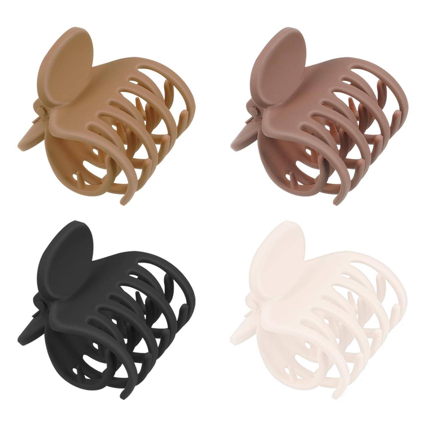 Vier Haarklammern mit Krallen in neutralen Farbtönen: Beige, Braun, Schwarz und Creme, in einem Quadratmuster auf weißem Hintergrund angeordnet.
