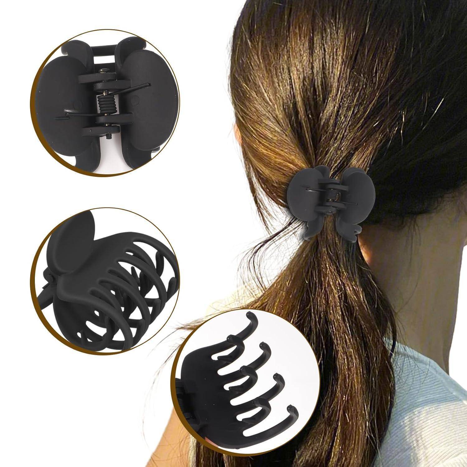 Eine Person mit langen Haaren, die zu einem Pferdeschwanz zusammengebunden sind und eine schwarze Haarspange mit einem einzigartigen Design trägt, dargestellt in Nahaufnahmen mit detaillierten Bildern.