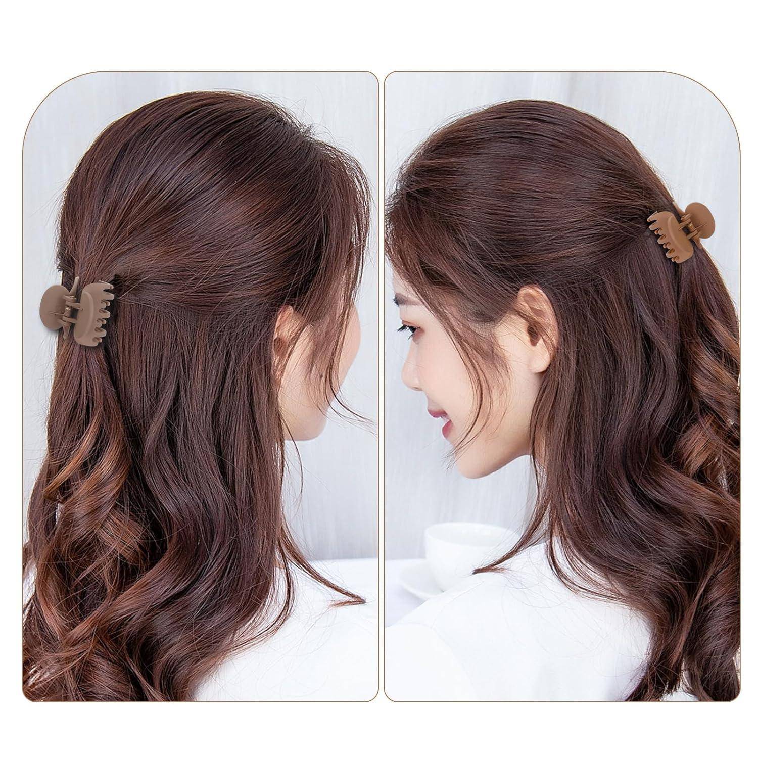 Zwei Bilder zeigen eine Person mit langen braunen Haaren, die mit einer braunen Haarspange gestylt sind, aus Rücken- und Seitenansicht, wobei das Design der Spange hervorgehoben wird.