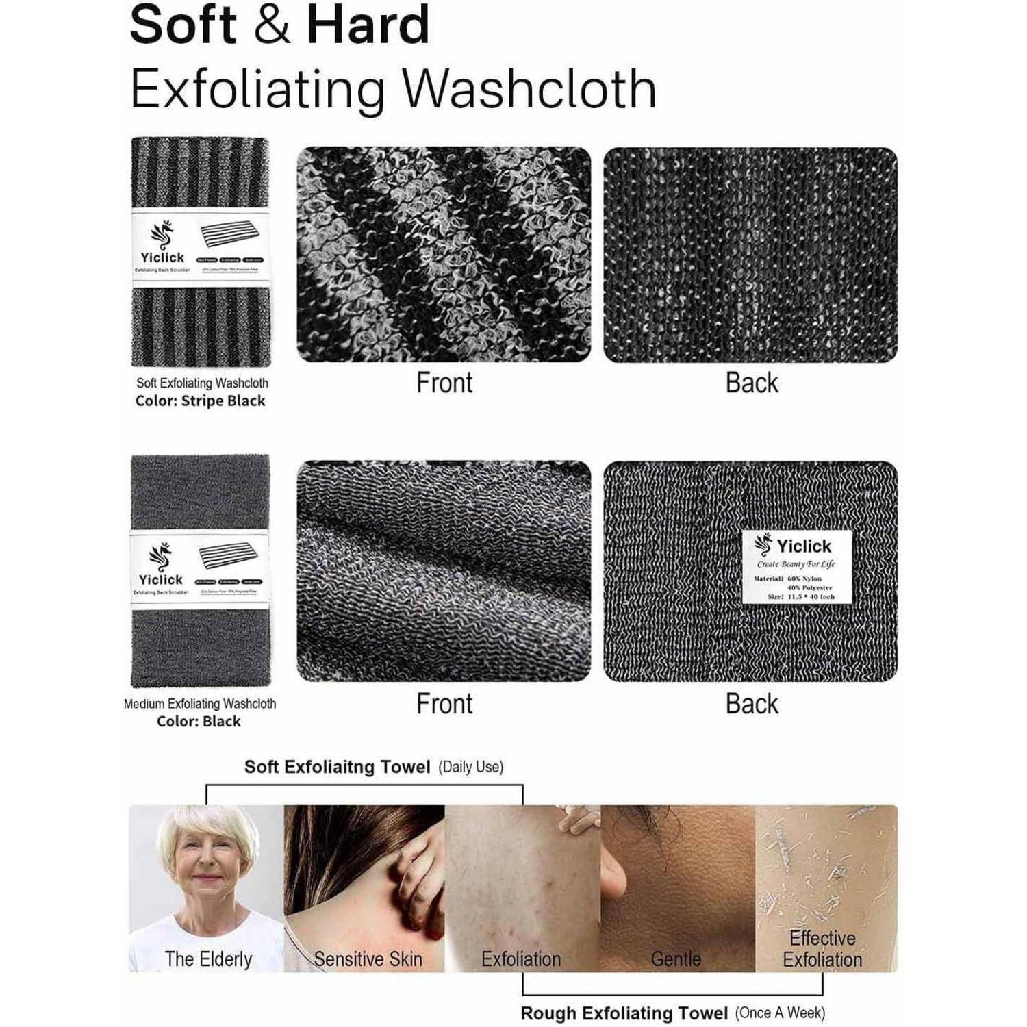 Waschlappen zum Peelingeffekt in weichen und harten Texturen, dargestellt in Streifen in Schwarz und Schwarz. Inklusive Beispiele: für Senioren, empfindliche Haut, effektive Hautentfernung.