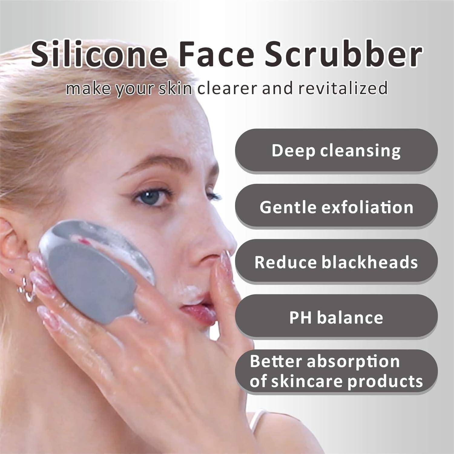 Eine Person verwendet einen Silikon-Gesichtsreiniger mit Textauflistung der Vorteile: 'Tiefenreinigung', 'Sanfte Exfoliation', 'Reduktion von Mitessern', 'pH-Wert-Ausgleich', 'Bessere Absorption von Hautpflegeprodukten'.