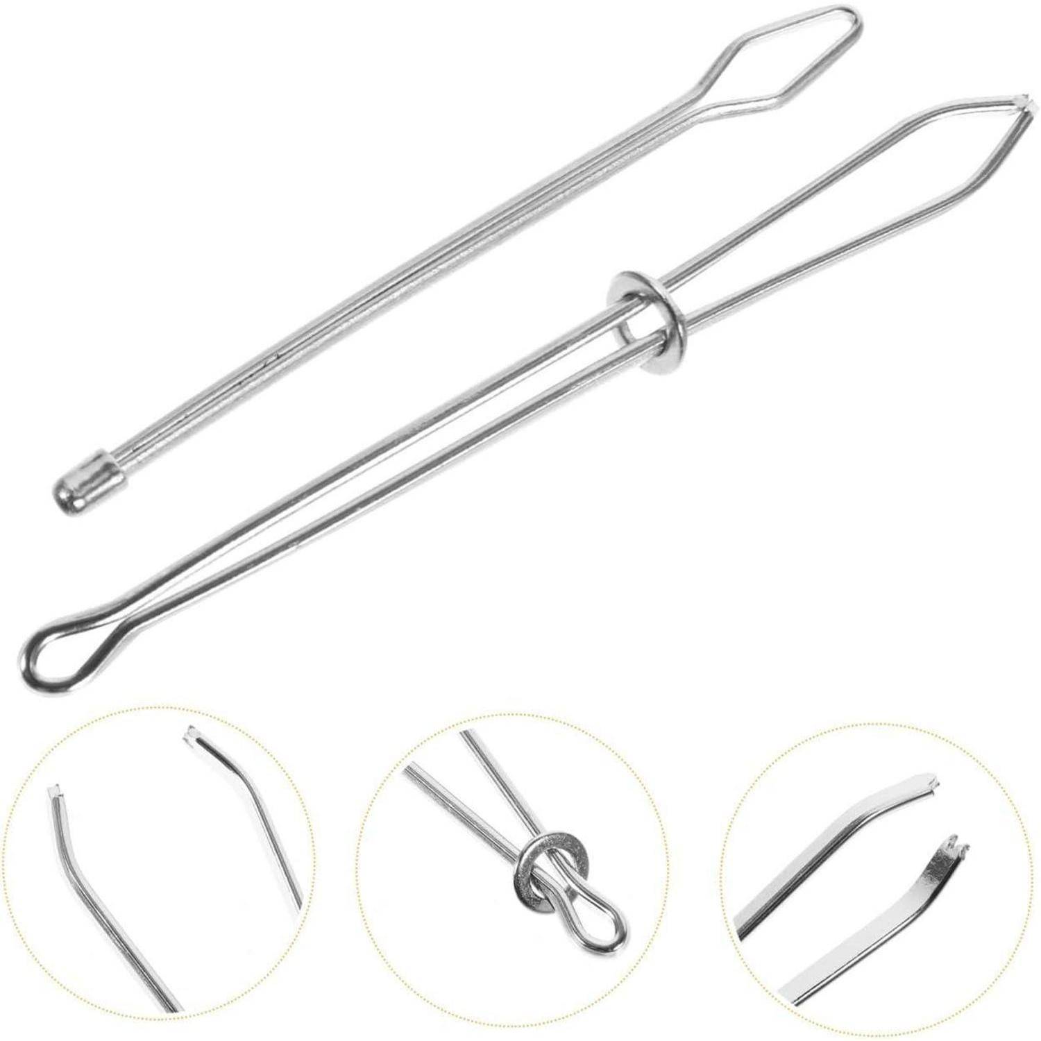 Zwei silberne Metalldrahtwendeösen für Stoff oder Handarbeiten, eine große und eine kleine. Einblendungen zeigen geschlossene Schlaufe, Hakenenende und Ringdetail.