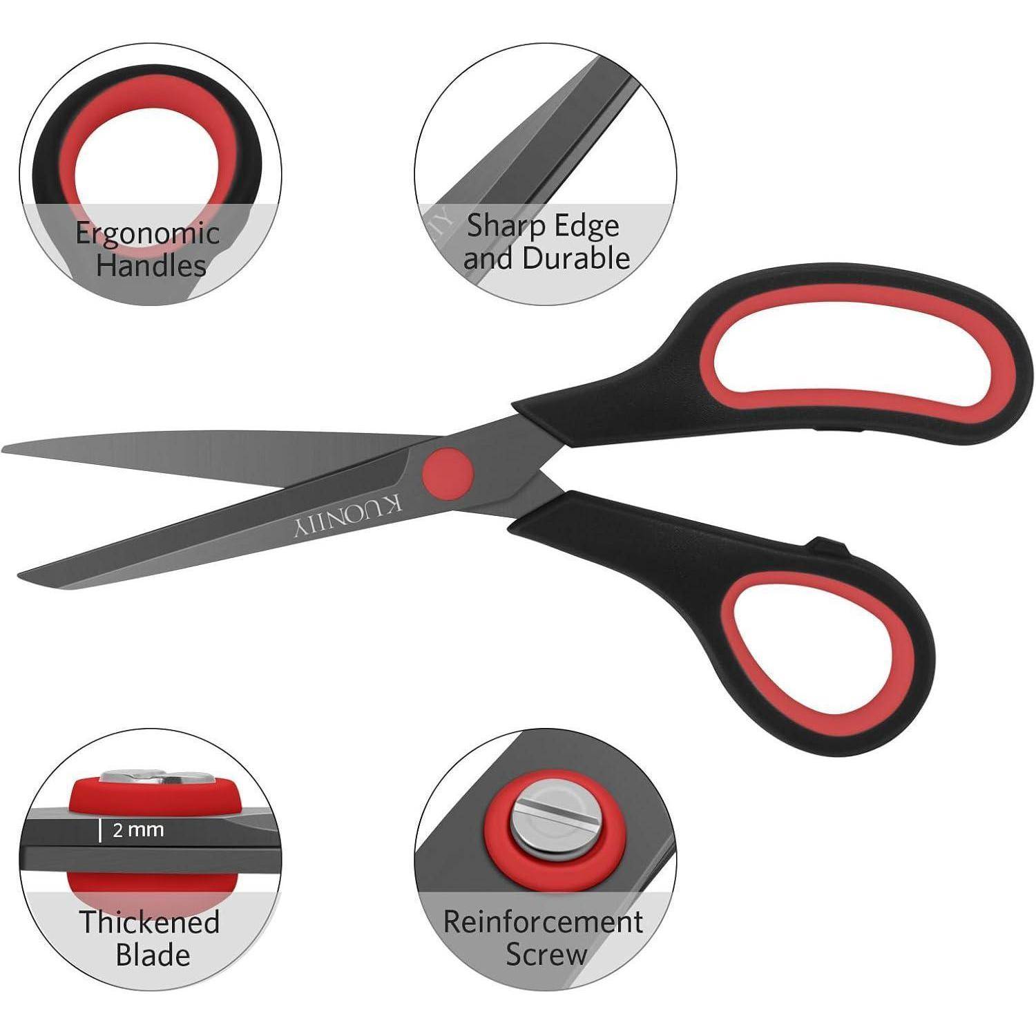 Scheren mit ergonomischen Griffen, scharfen, langlebigen Klingen und Verstärkungsschraube. Eingefügte Bilder heben Designmerkmale wie die verstärkte Klinge hervor.