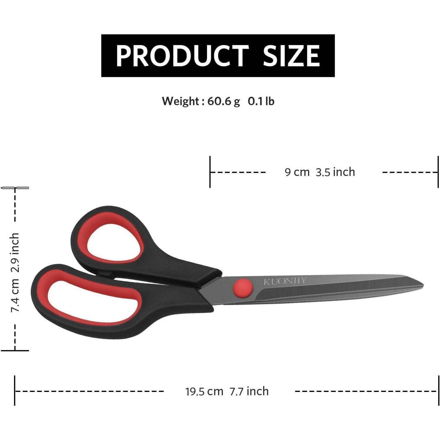 Schere mit rotem und schwarzem Griff. Größe: 19,5 cm (7,7 Zoll) lang, 7,4 cm (2,9 Zoll) breit. Gewicht: 60,6 g (0,1 Pfund).