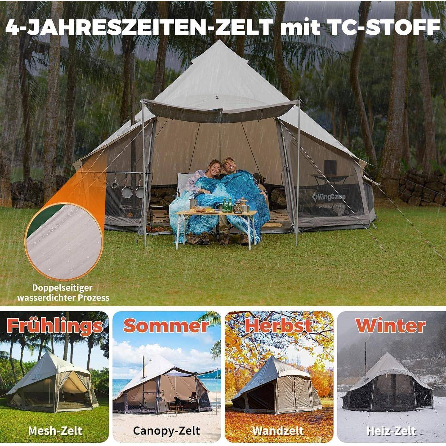 Ein Zelt mit einem Paar, das darin sitzt und mit Decken zugedeckt ist. Text oben liest sich '4-Jahreszeiten-Zelt mit TC-Stoff'. Saisonale Zelte werden unten gezeigt.