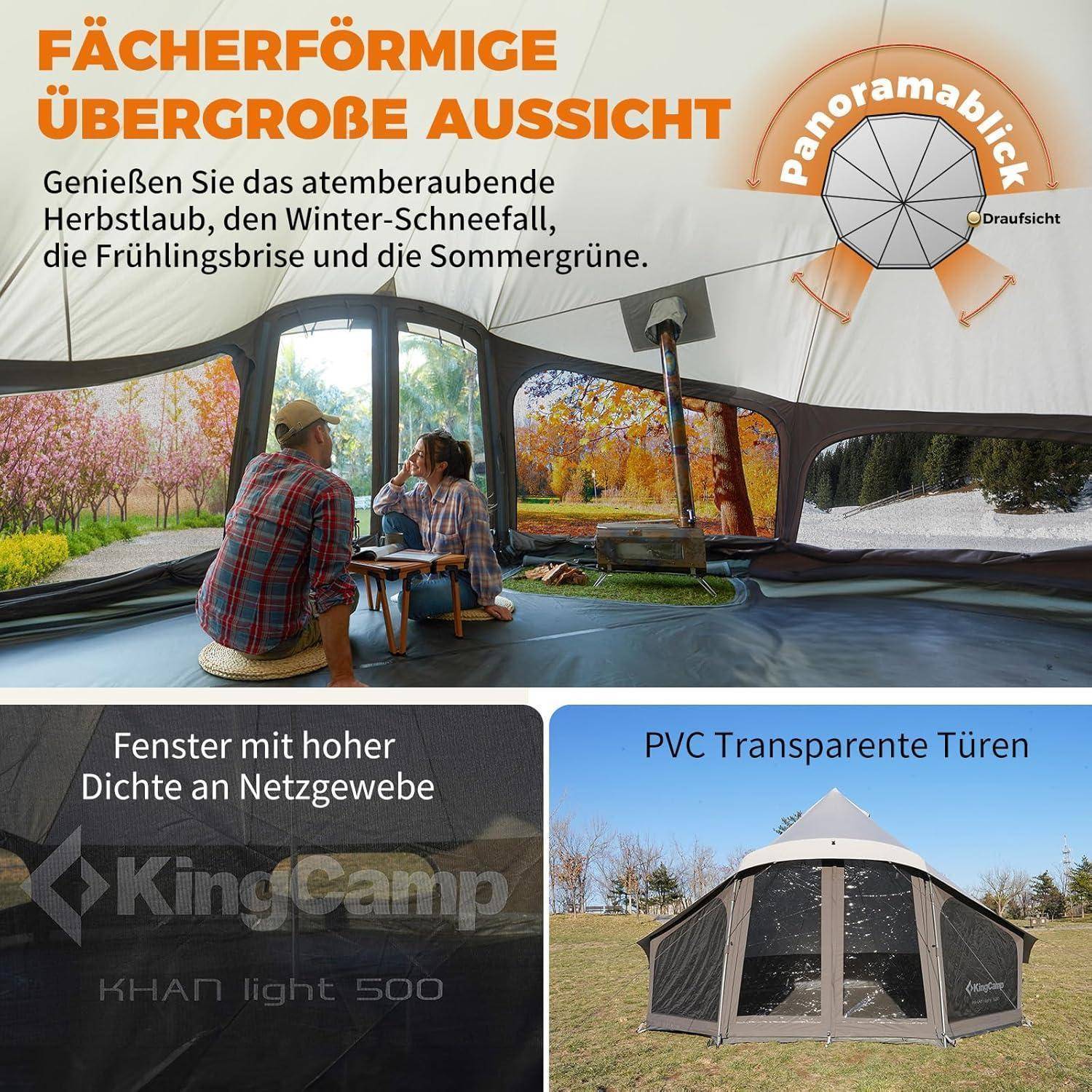 Eine Person sitzt in einem Zelt mit transparenten PVC-Türen und genießt einen Panoramablick auf die Berge. Der Text hebt die Windbeständigkeit und saisonale Merkmale hervor.