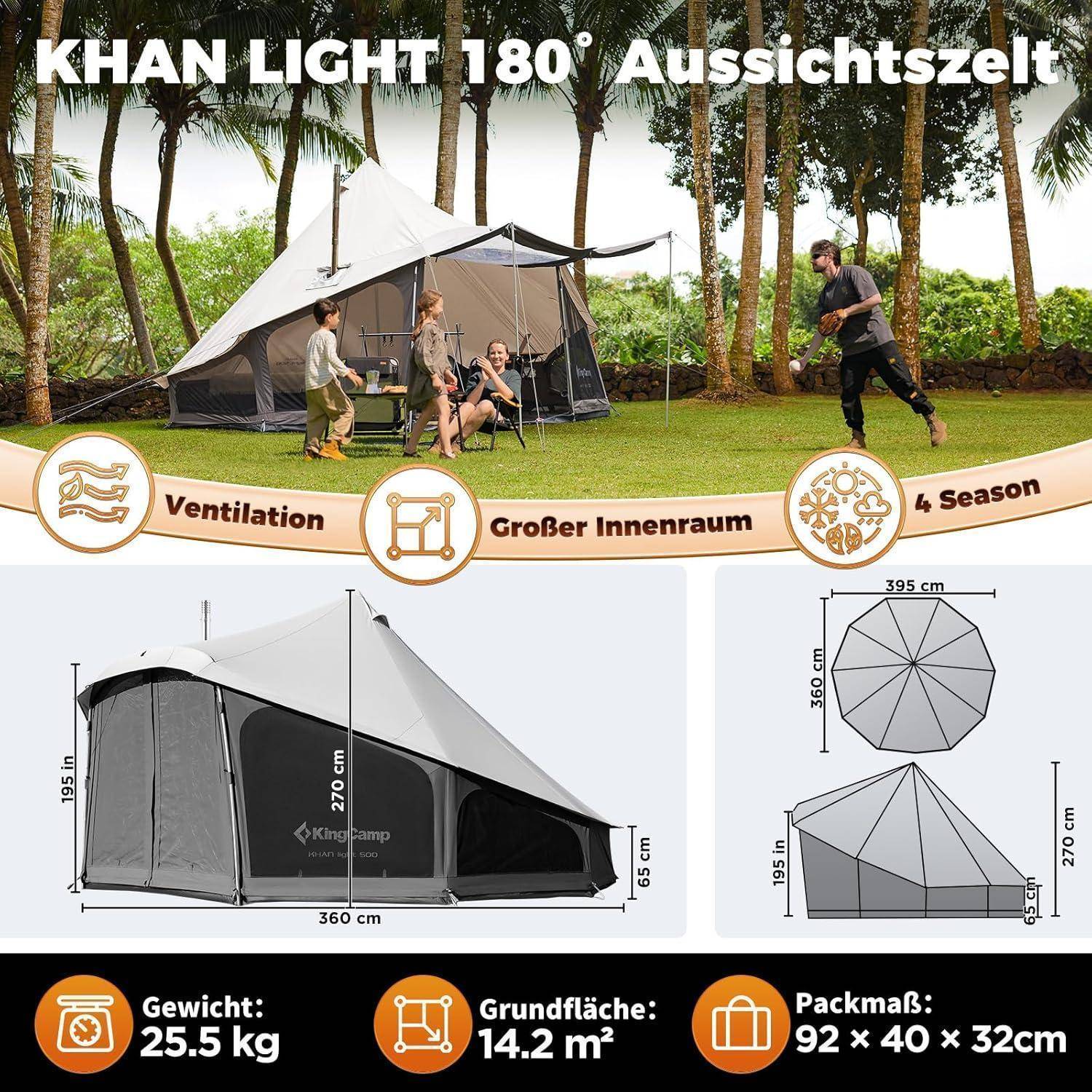 Ein großes Dreieckszelt ist im Freien aufgebaut, mit Menschen, die daneben sitzen und stehen. Zu den gezeigten Merkmalen gehören Belüftung, geräumiges Inneres, Einsatz in allen vier Jahreszeiten und Abmessungen. Das Gewicht beträgt 25,5 kg.