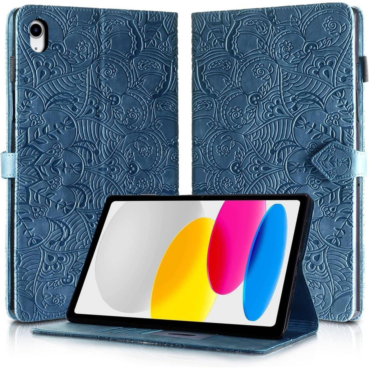 Eine blaue Tablettenhülle mit geprägtem Blumenmuster, geöffnet, um ein Tablet im Inneren zu zeigen. Der Tablettenbildschirm zeigt drei farbenfrohe Ovale.