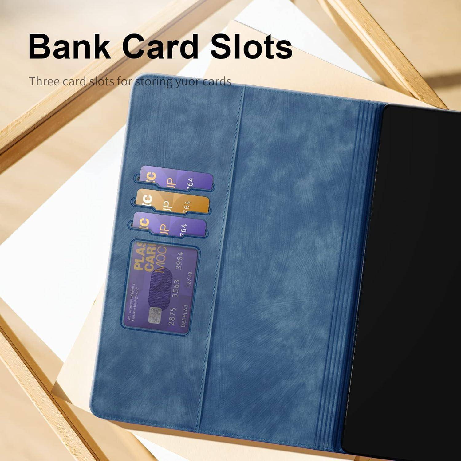 Eine blaue Geldbörse, die geöffnet ist und drei Kartenfächer zeigt, wobei jedes Fach eine Kreditkarte enthält, auf einer hellen Holzoberfläche. Text lautet: 'Bankkartenfächer'.
