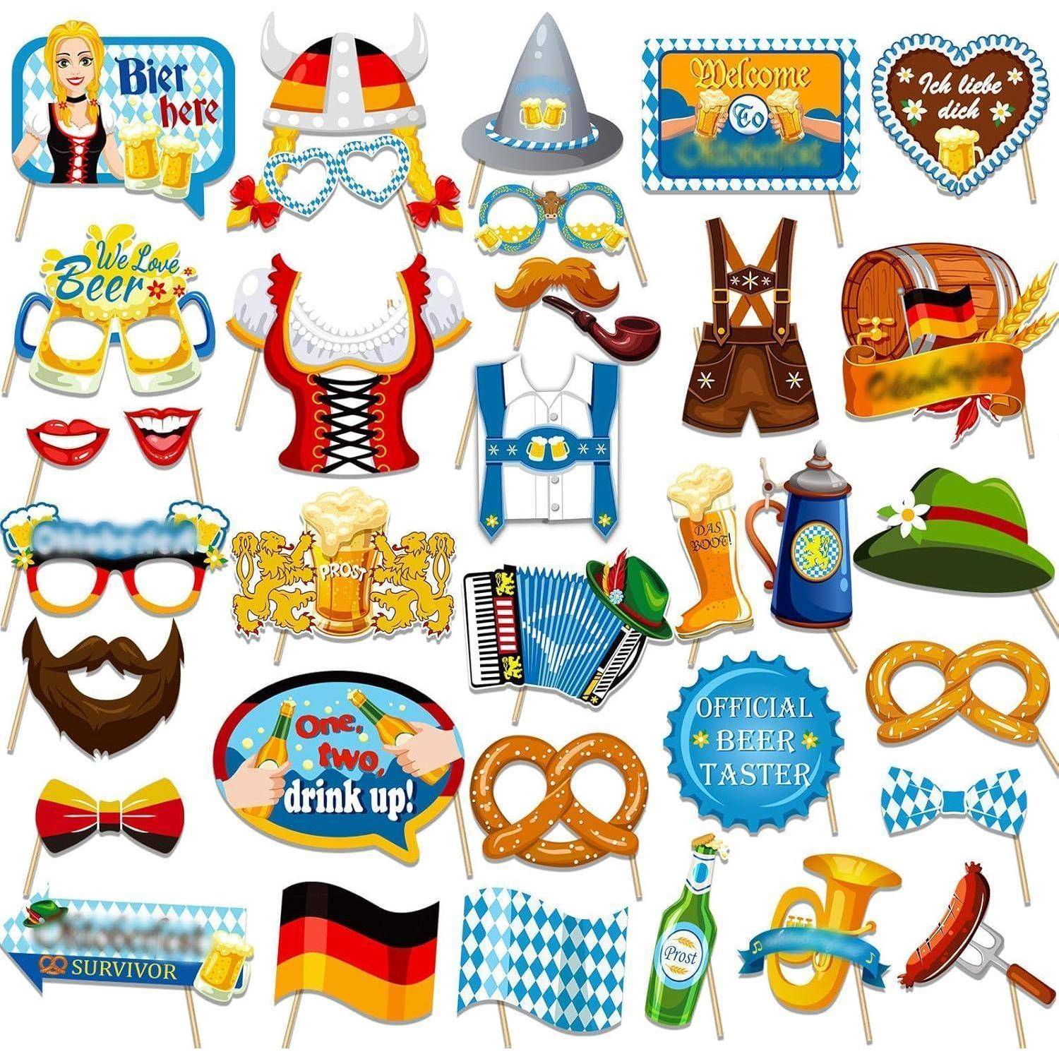 Eine Sammlung von bayerischen Partyzubehör, darunter Hüte, Brillen, Schnurrbärte und Schilder mit Texten wie 