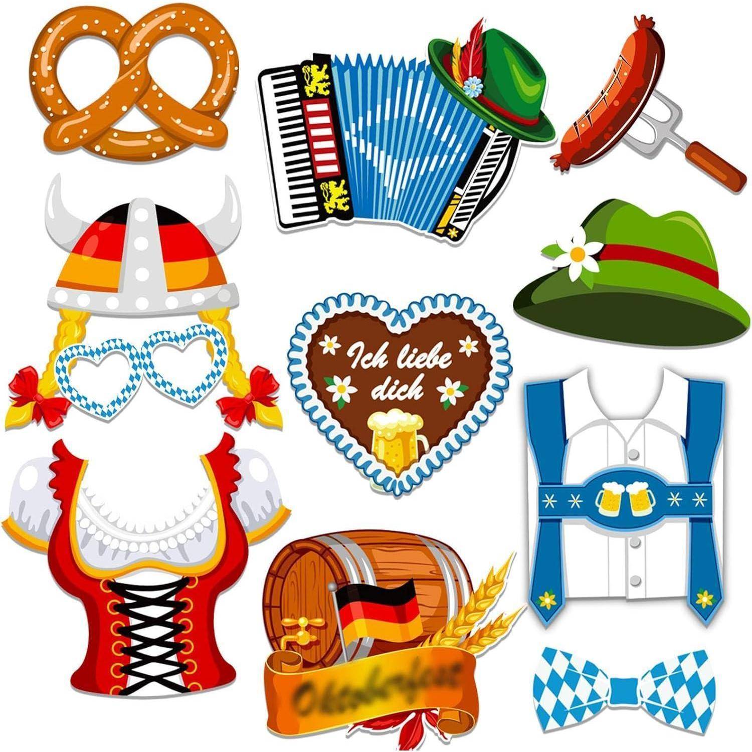 Deutsche Illustration mit einem Brezel, einem Akkordeon, Lederhosen, einem Hut mit Feder, einer Brezel, einem Bierfass und einem Herz mit dem Text 