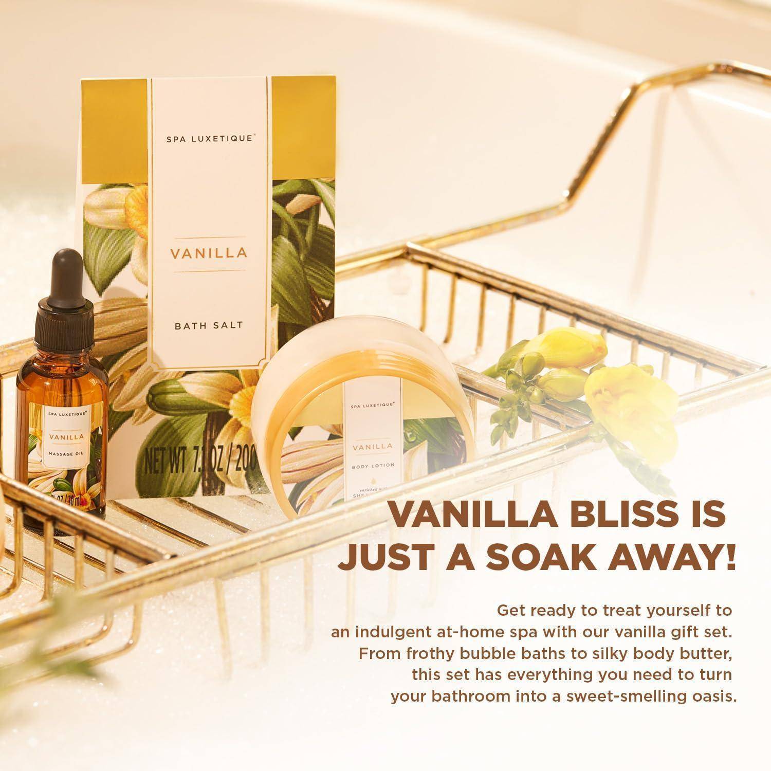 Vanille-thematische Spa-Produkte auf einem Badewannenbrett umfassen Badesalz, Körperbutter und eine Pipette. Text lautet: 