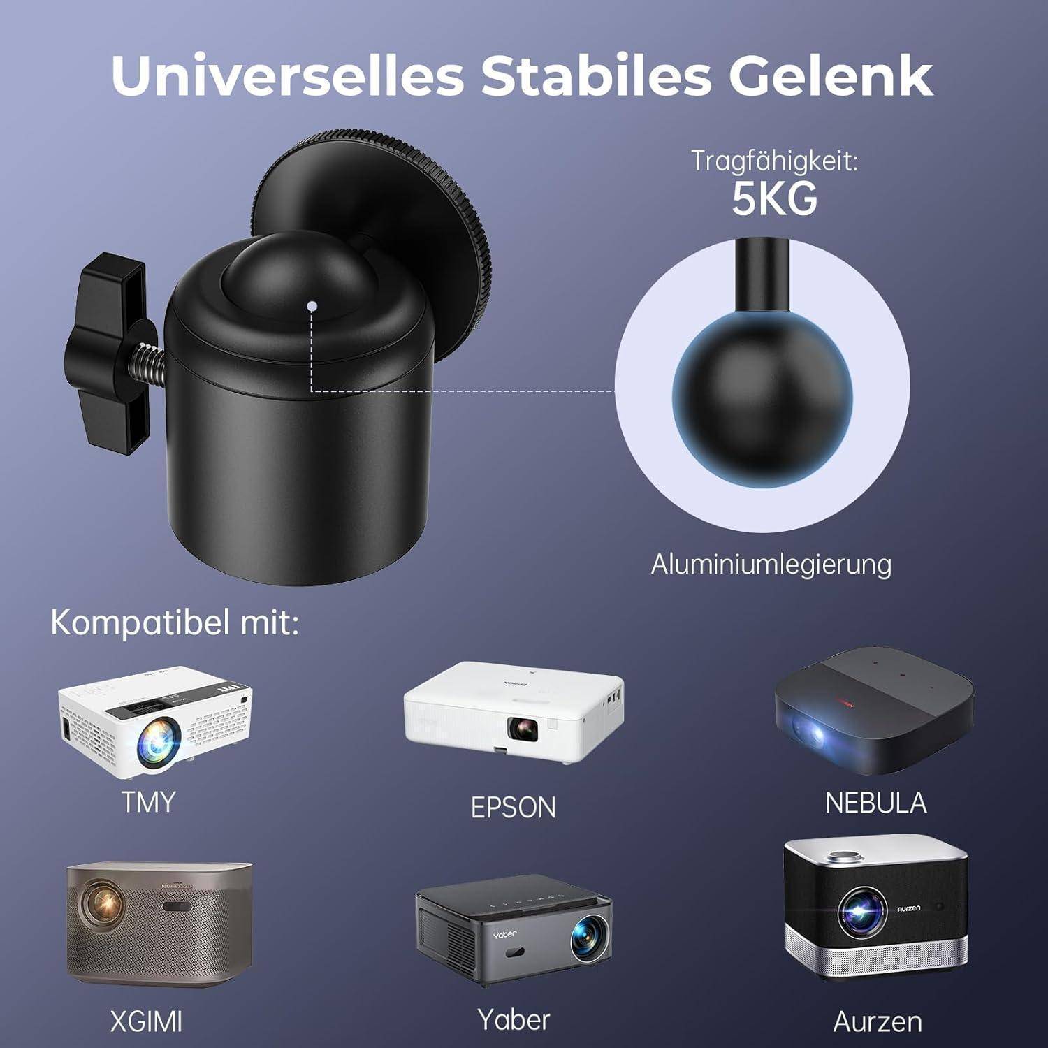 Universelles Stabiles Gelenk' mit einer Tragfähigkeit von 5 kg. Kompatibel mit Projektoren: TMY, EPSON, NEBULA, XGIMI, Yaber, Aurzen.