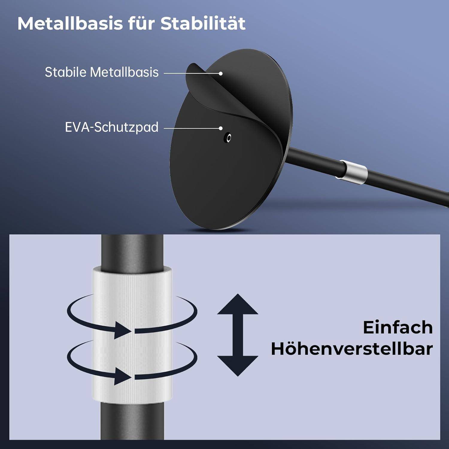 Metallbasis für Stabilität' zeigt eine Metallbasis mit 'Stabile Metallbasis' und 'EVA-Schutzpad' als Beschriftungen sowie eine Höhenverstellungsfunktion.