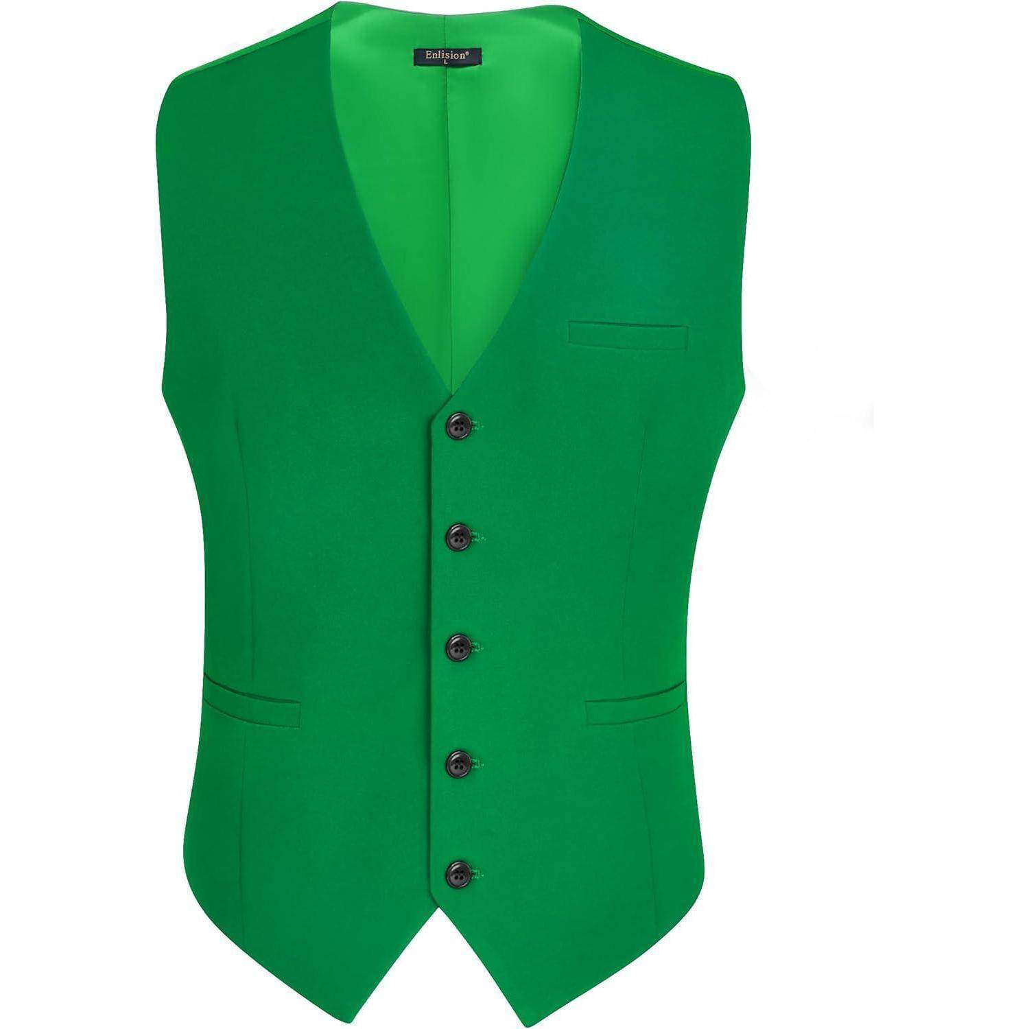 Eine hellgrüne Weste mit V-Ausschnitt und fünf schwarzen Knöpfen, geeignet für formelle Anlässe oder um dem Outfit einen lebendigen Akzent zu verleihen.