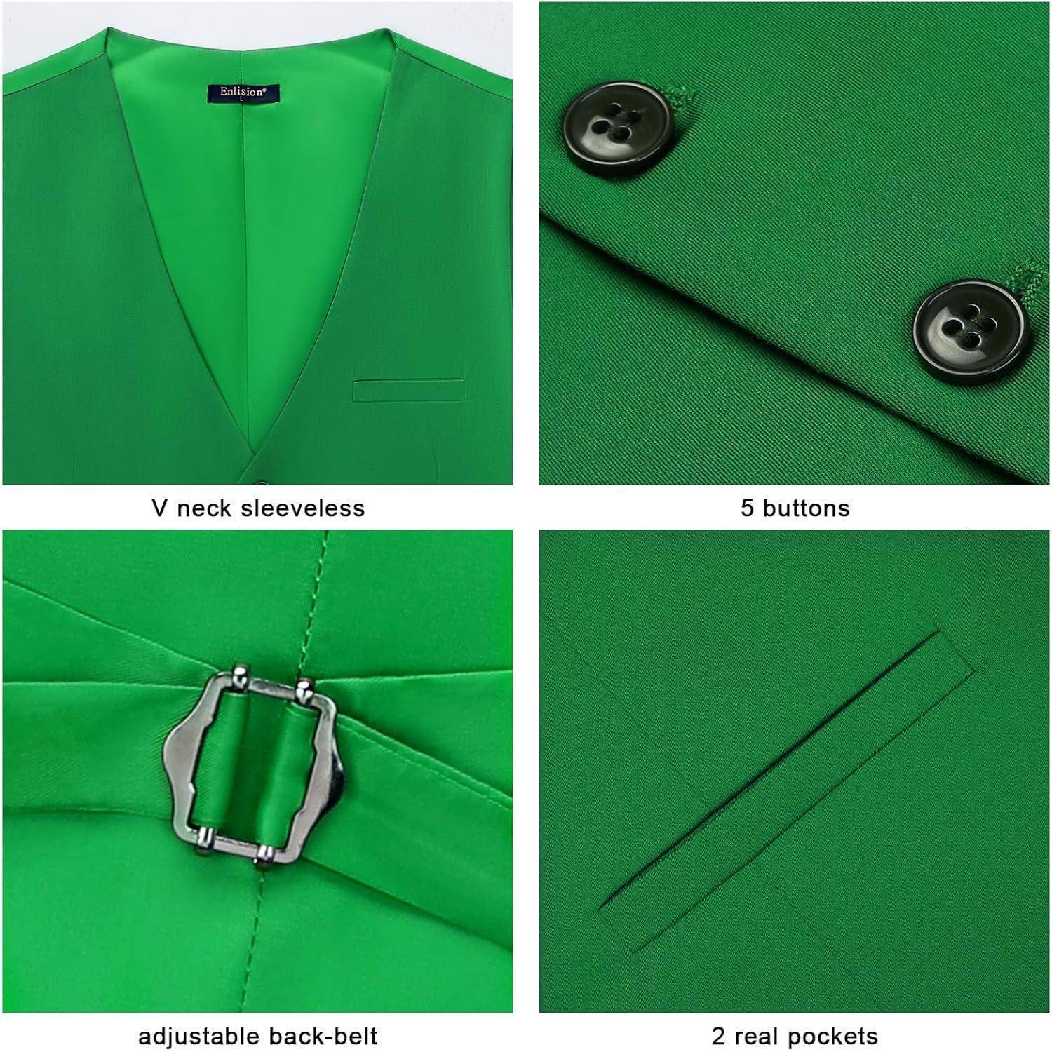 Grüne Weste mit V-Ausschnitt, ärmelloses Design, mit 5 Knöpfen, verstellbarem Rückengürtel, 2 aufgesetzten Taschen. Close-up Details inklusive.